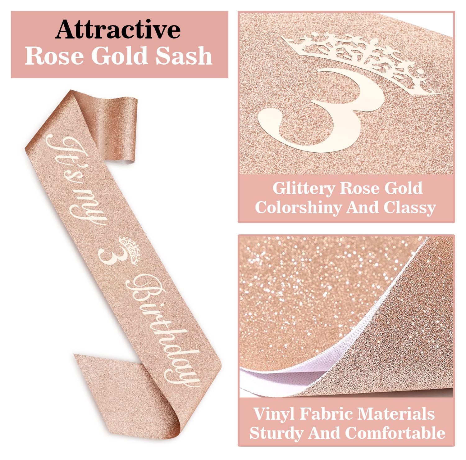 3rd Birthday Party Decorations for Girls - Pink Princess Tiara, Sash, Candles & Cake Toppers Set | Perfect 3 Year Old Girl Birthday Gifts | Great for Princess Themed Parties, Photo Booths & Birthday Celebrations