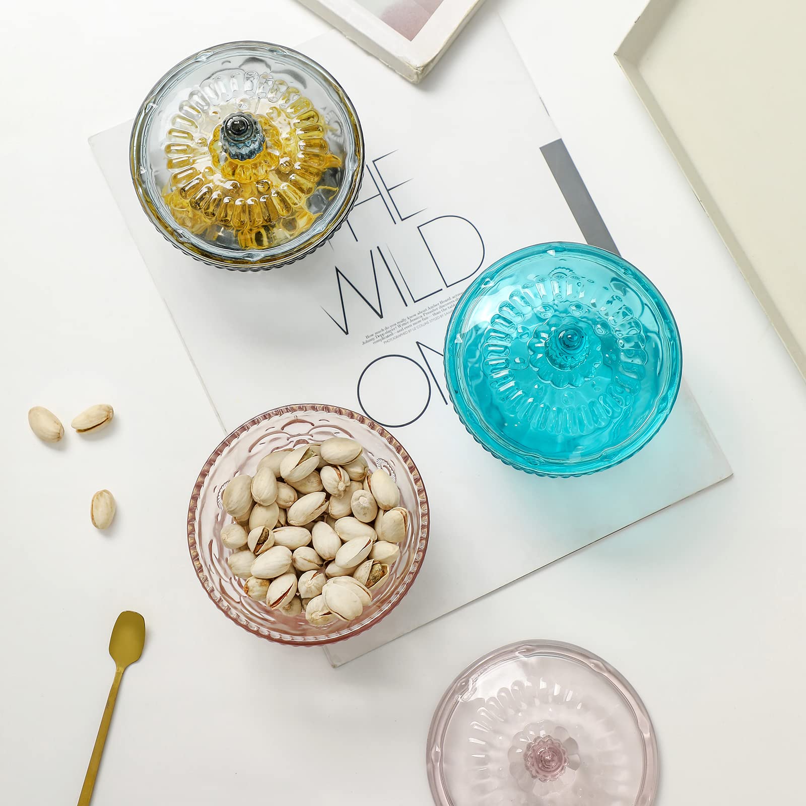 Set of 2 Blue Embossed Glass Candy Jars with Lids - Small Decorative Food Storage Containers for Candy, Jewelry, Spices | Perfect for Kitchen, Dining Table & Gift Giving