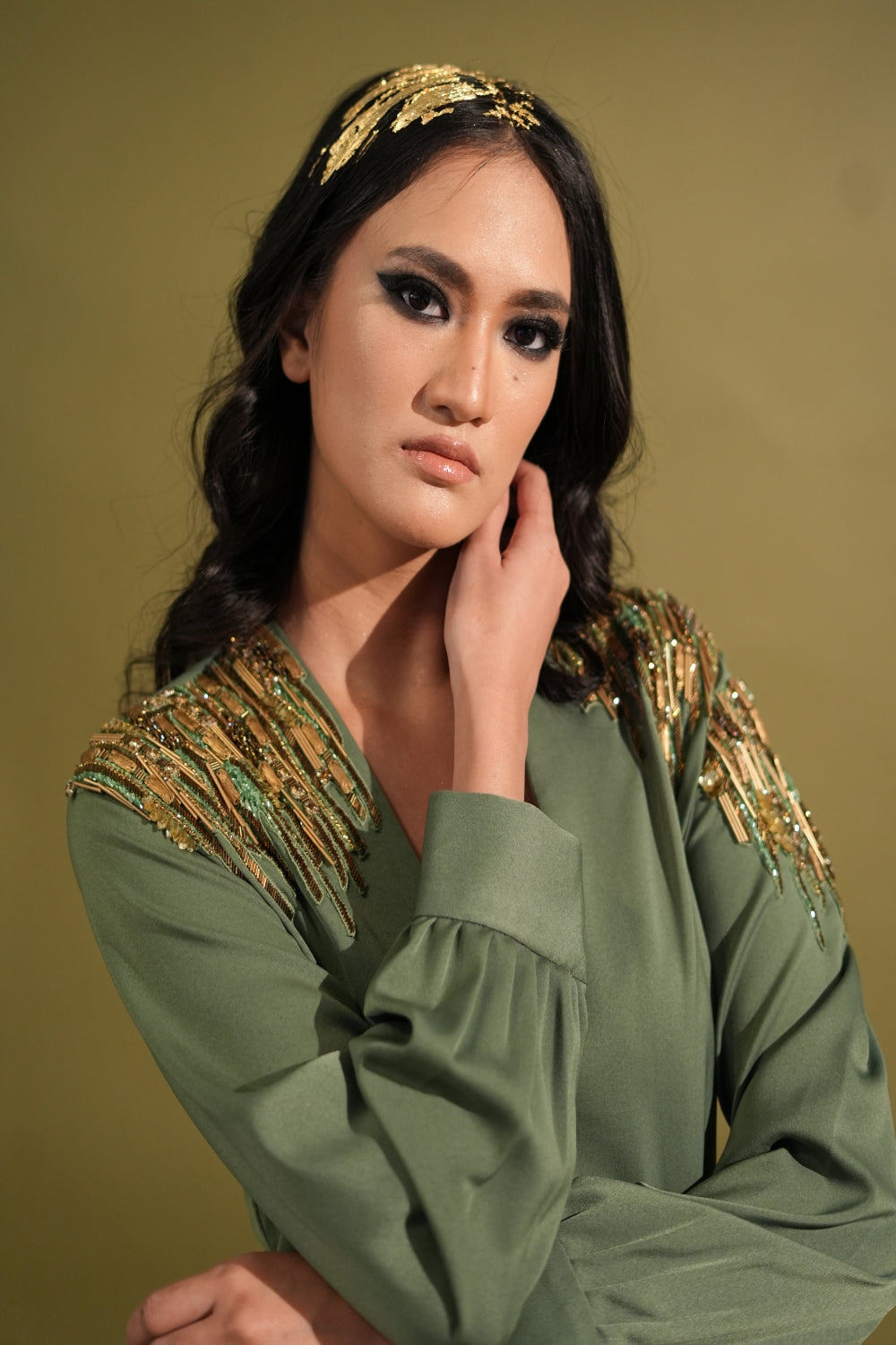 Elegant Dark Jade Green Slit Dress with Metallic Gold Embellishments - Perfect for Evening Parties, Cocktail Events & Special Occasions