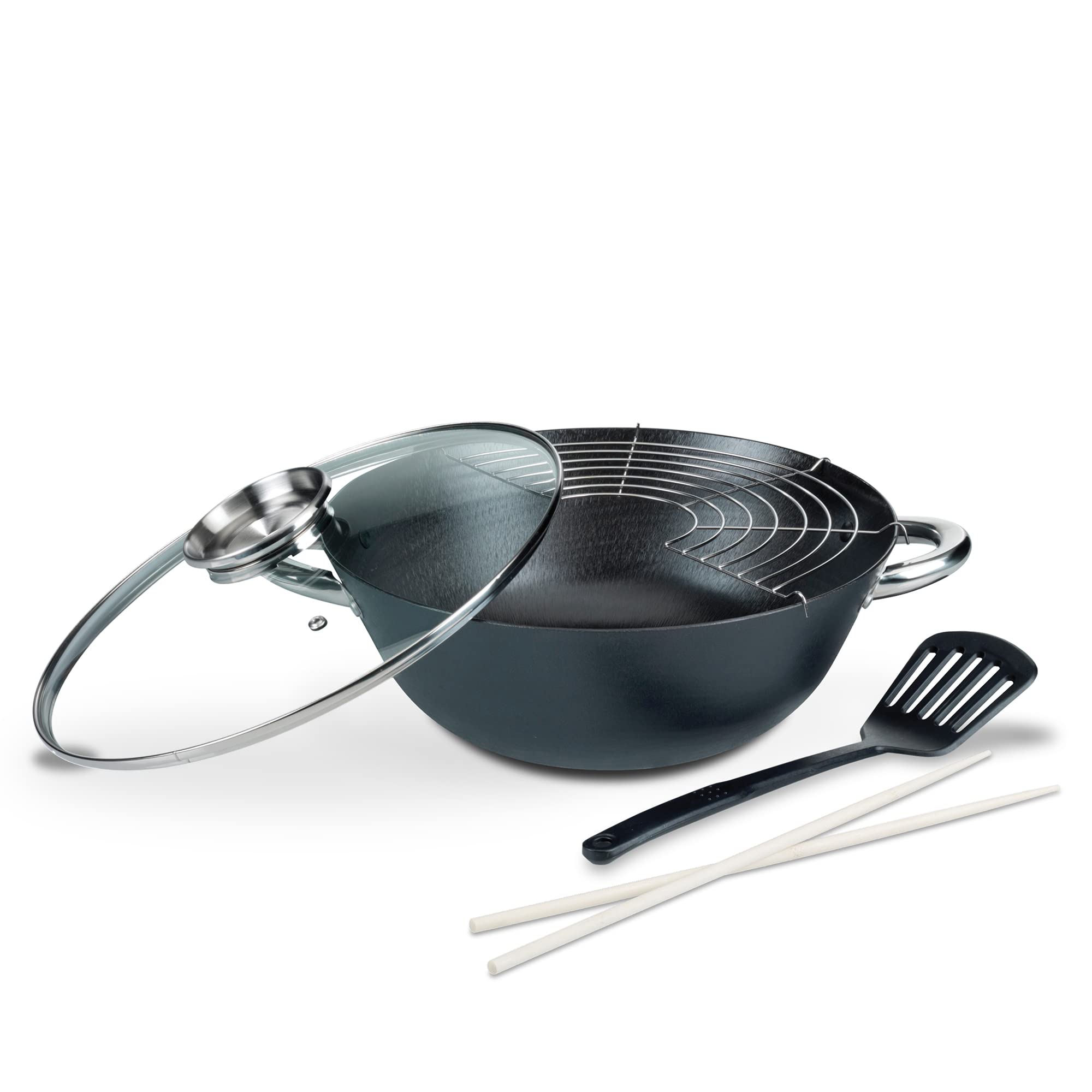 **GSW 860956 Professional Cast Iron Wok Set – 5-Piece Multifunctional Cookware with Glass Lid, 6.2L, Black, 32cm – Perfect for Stir-Frying, Braising & Deep Frying**