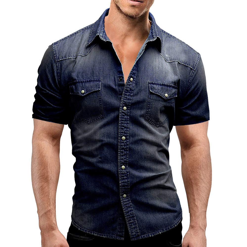 VEKDONE Men's Slim Fit Short Sleeve Denim Button Down Shirt - Casual Work & Dress Shirt for Men (Plus Size Available) - Perfect for Office, Date Night & Outdoor Activities