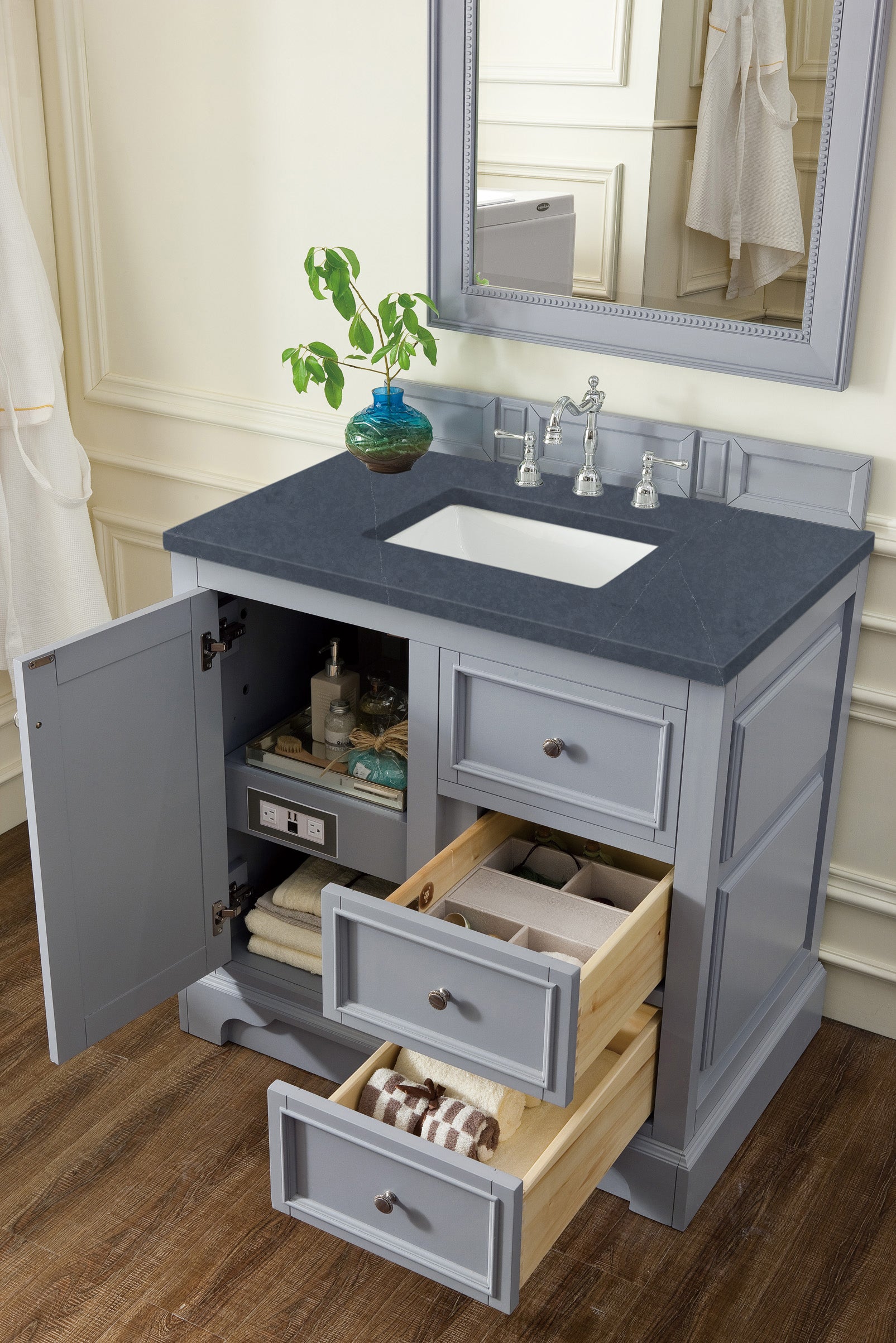 De Soto 36 Inch Single Bathroom Vanity with 3CM Charcoal Soapstone Quartz Top in Silver Gray - Perfect for Modern Home & Apartment Bathroom Renovation