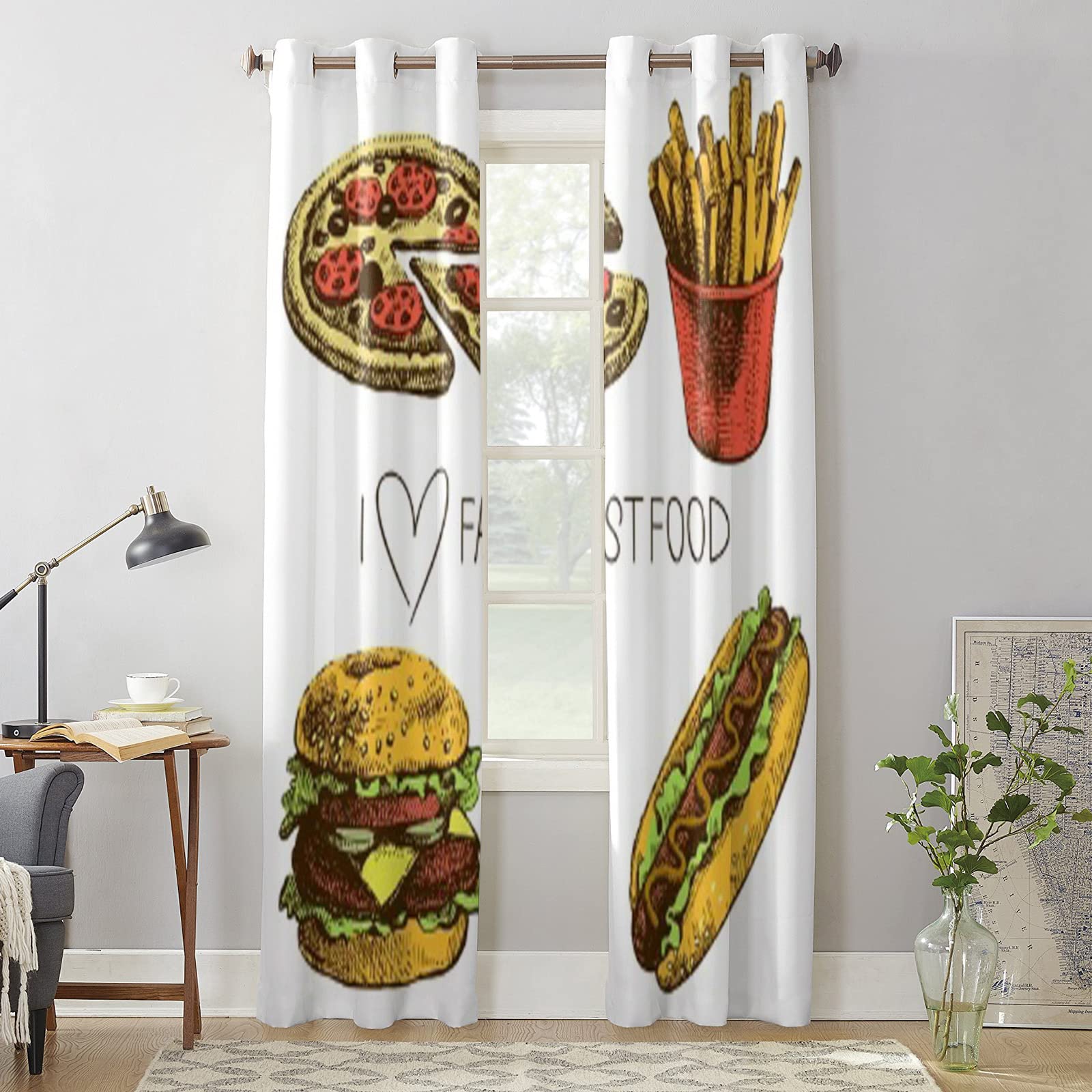 Fast Food Themed Blackout Curtains - Pizza, Burger, Hot Dog & Fries Design | 2-Panel Thermal Insulated Grommet Drapes (52x84 Inches) for Bedroom & Living Room | Perfect for Kids' Rooms, Game Rooms & Fast Food Lovers