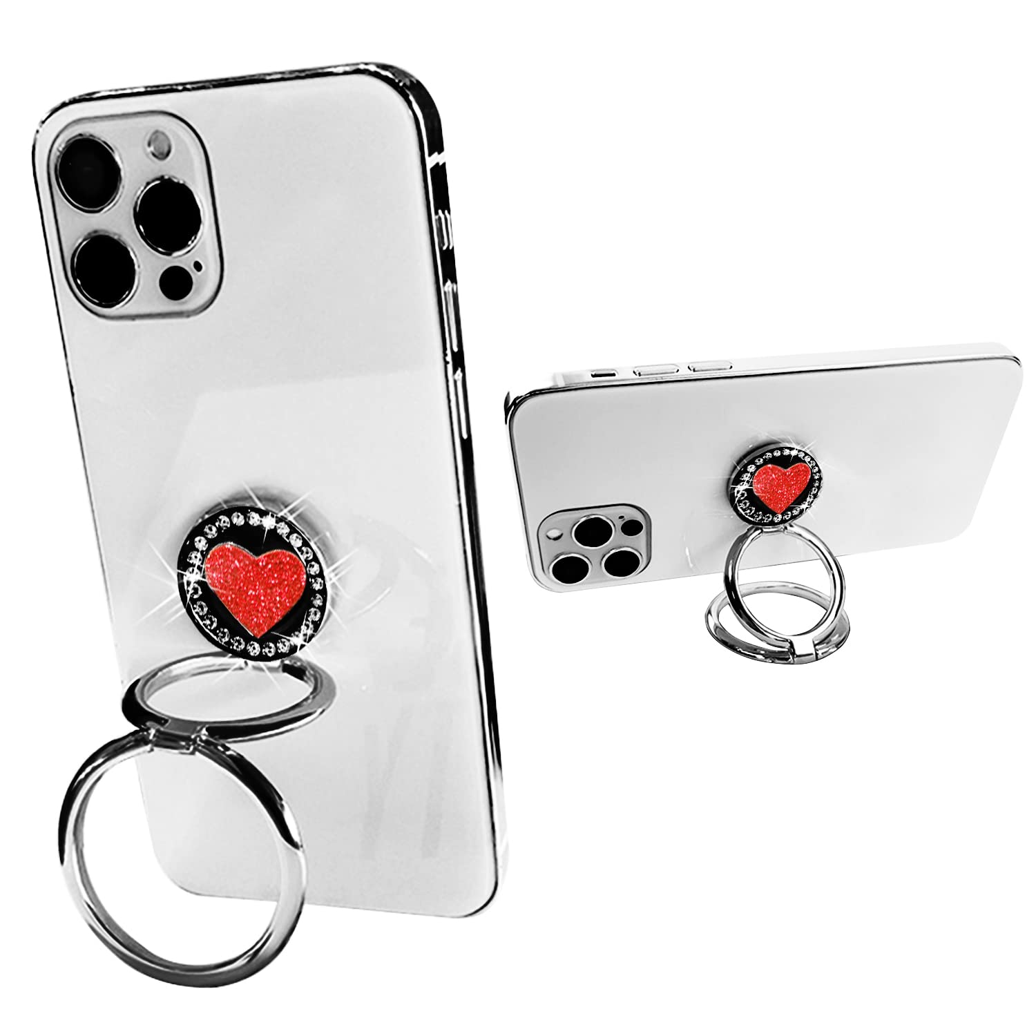 360° Rotating Metal Phone Ring Holder & Kickstand - Foldable Back Grip Stand for iPhone, Samsung & Most Smartphones (Black/Red Heart Design) | Perfect for Selfies, Videos & Hands-Free Viewing