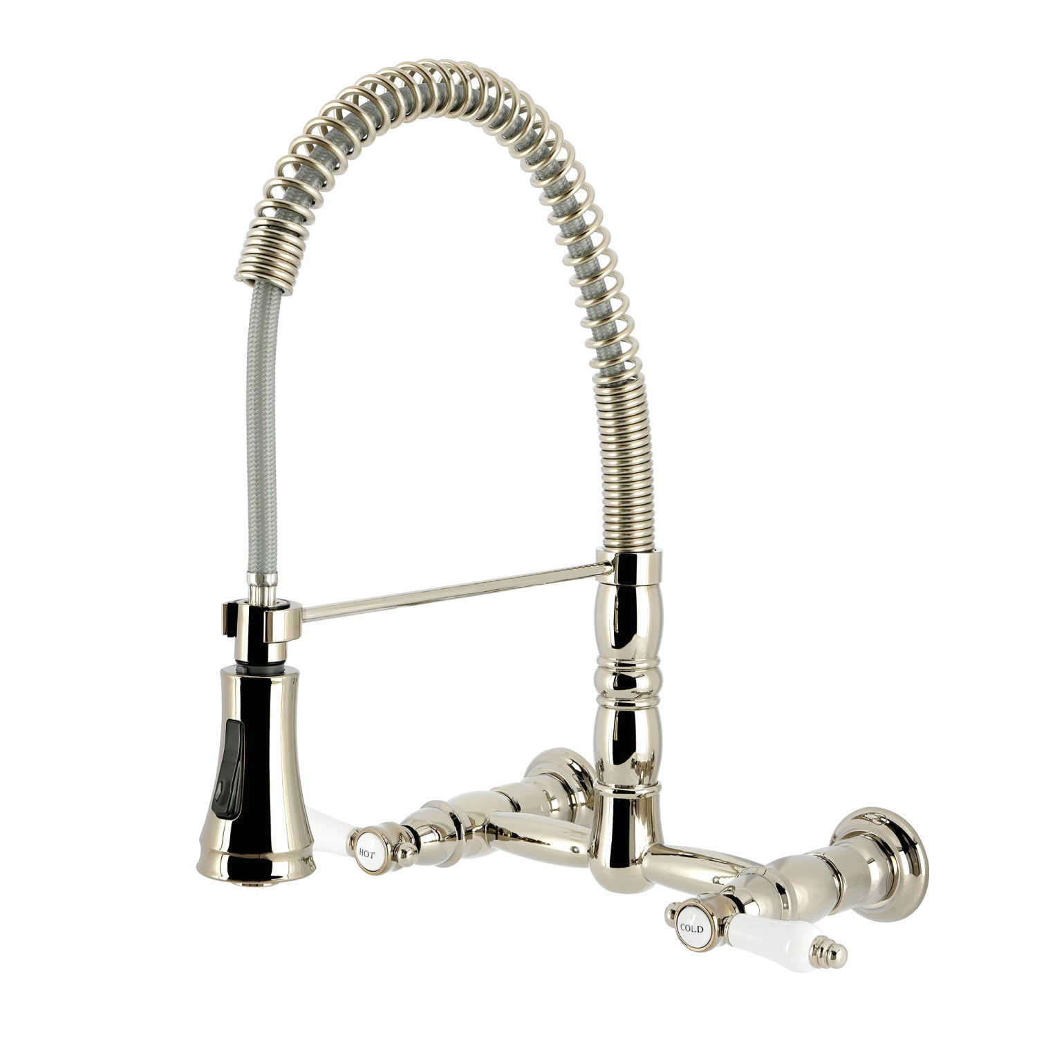 Bel Air GS1246BPL Double Handle 2 Hole Wall Mount Pre Rinse Bridge Kitchen Faucet in Polished Nickel - Ideal for Commercial Kitchens, Restaurants, and Home Chef Spaces