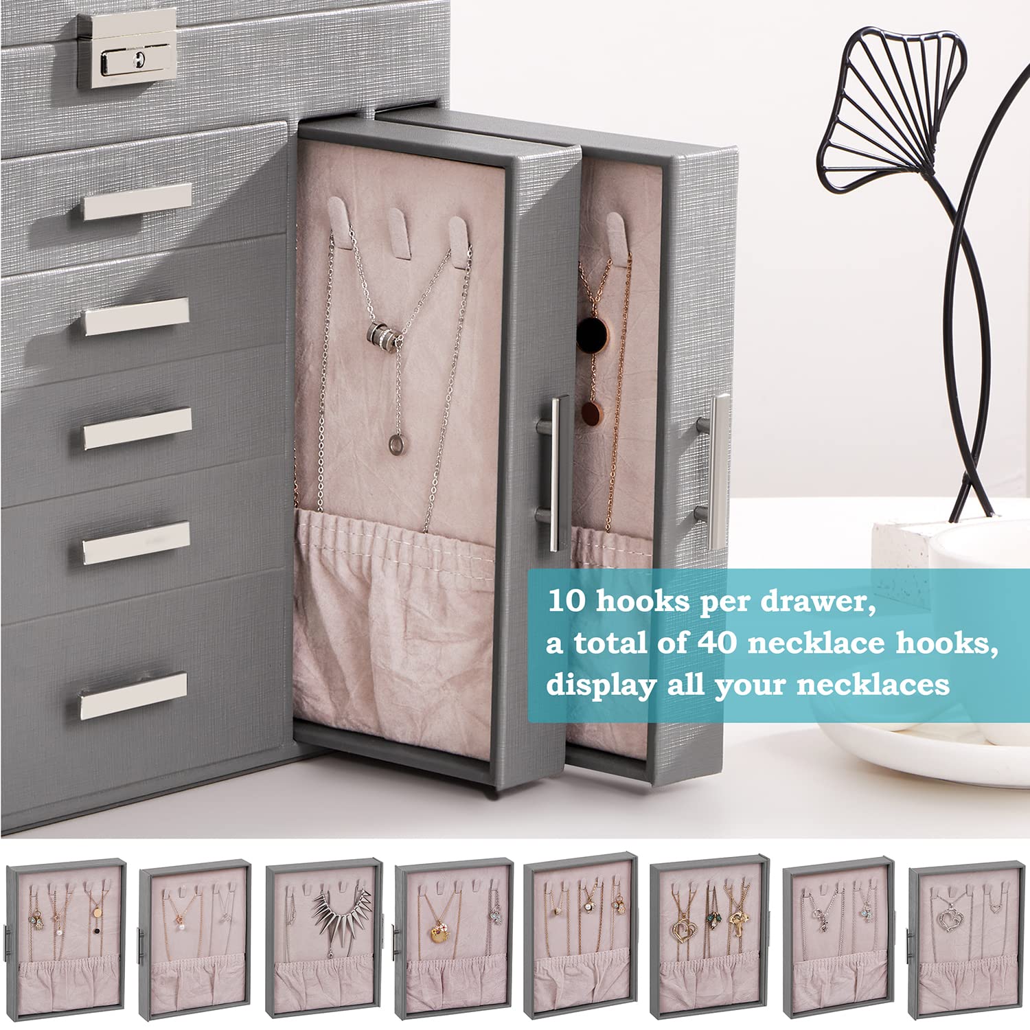 ANWBROAD 6-Tier Large Jewelry Organizer Box with Lock & Mirror - Faux Leather Jewelry Storage Case for Earrings, Rings, Necklaces, Bracelets - Perfect Gift for Women (Grey) - Ideal for Bedroom Vanity, Travel & Home Organization