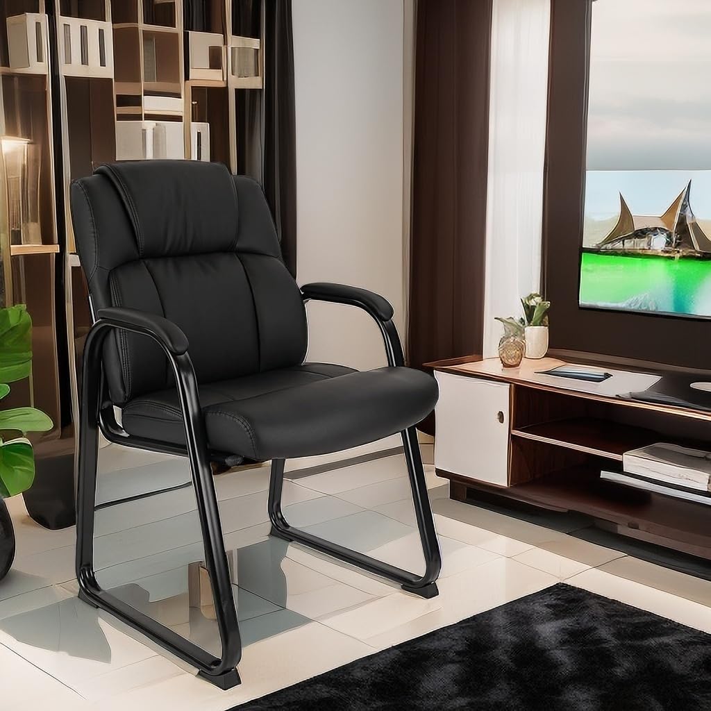 CLATINA Office Guest Chair - Leather Reception Chair with Bonded Padded Armrests & Sled Base, No Wheels Desk Chair for Conference, Waiting Room, Home Office (Set of 2, Black) - Perfect for Reception Areas, Business Meetings, and Home Workspaces