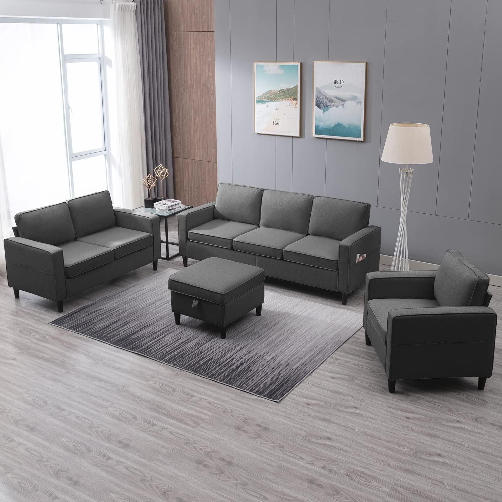 4-Piece Sectional Sofa Set with Storage Ottoman - Dark Grey Living Room Furniture (3-Seat Sofa, Loveseat, Armchair & Ottoman) | Perfect for Small Spaces, Apartments & Family Gatherings