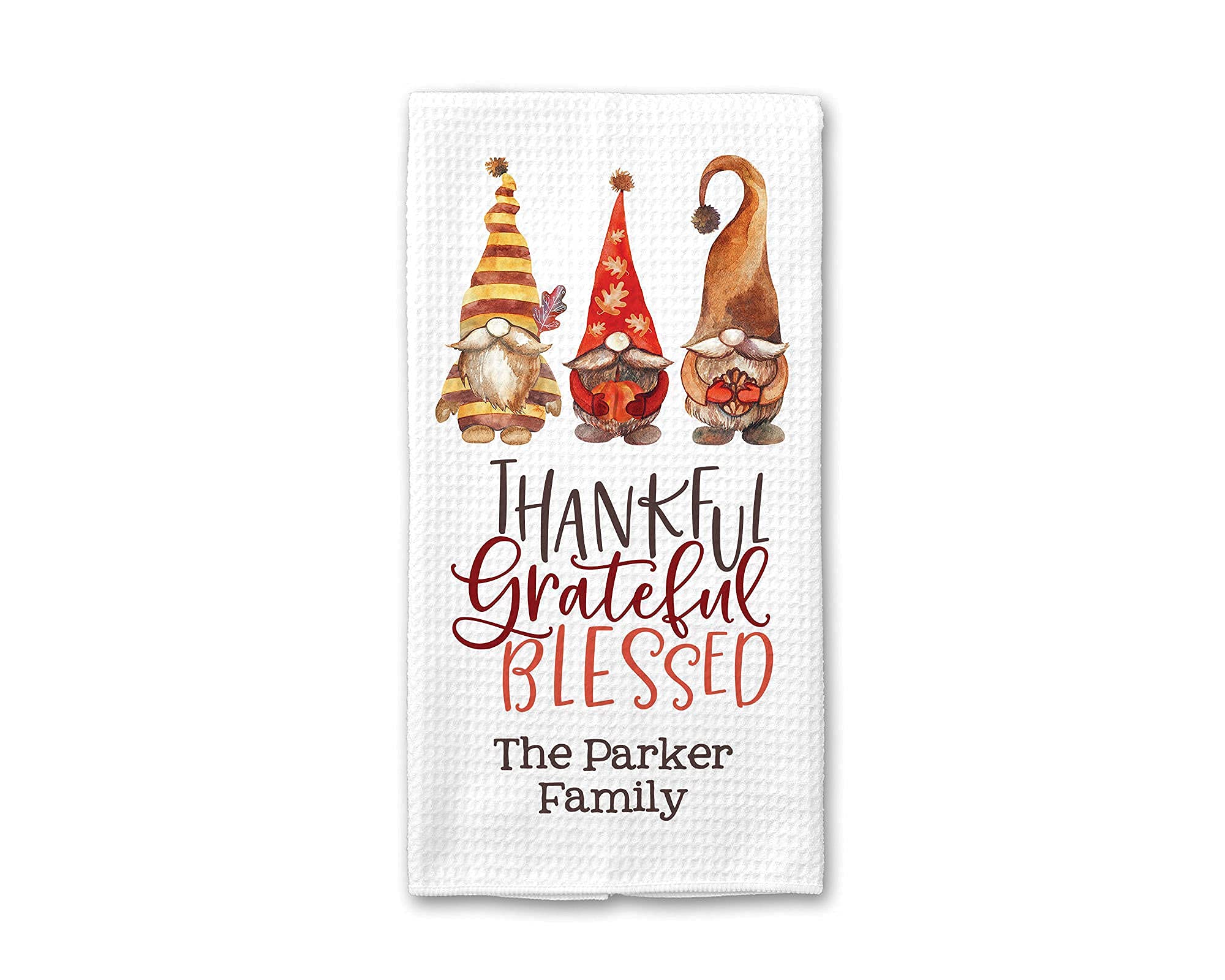 Personalized Thankful Grateful Blessed Kitchen Towel - Waffle Weave Dish Towel for Fall & Thanksgiving - Custom Seasonal Decor with Gnome Design - Perfect for Holiday Cooking, Hostess Gifts & Farmhouse Kitchen Decor