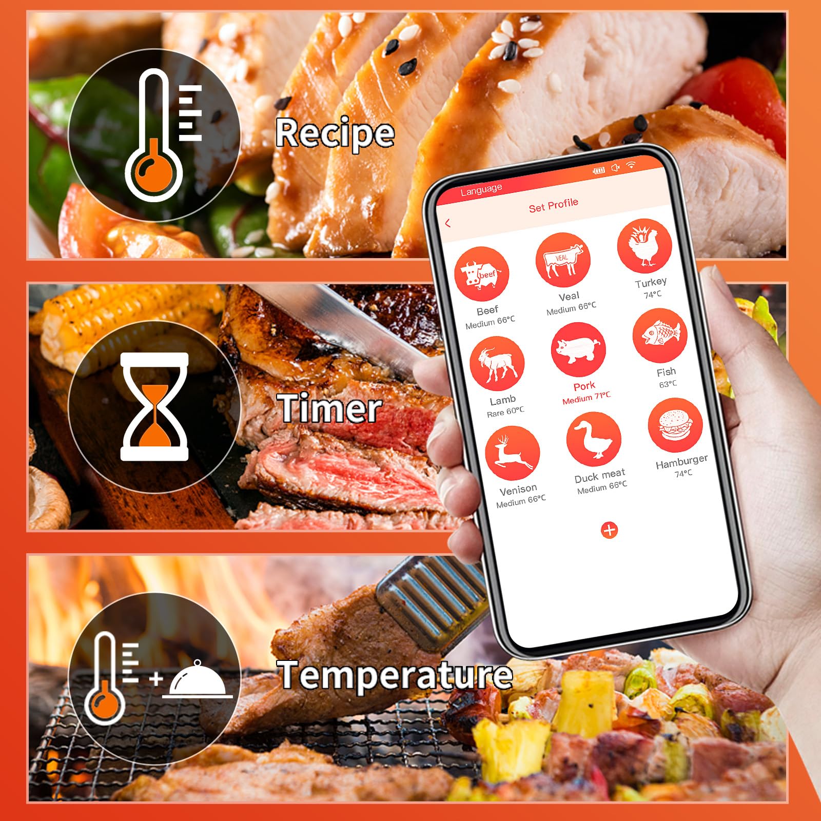 Smart Bluetooth Meat Thermometer - Wireless Digital Food Thermometer for Grilling, Smoking, BBQ, Oven Cooking with 500ft Remote Monitoring & Temperature Alerts | Perfect for Steak, Turkey, Chicken & More