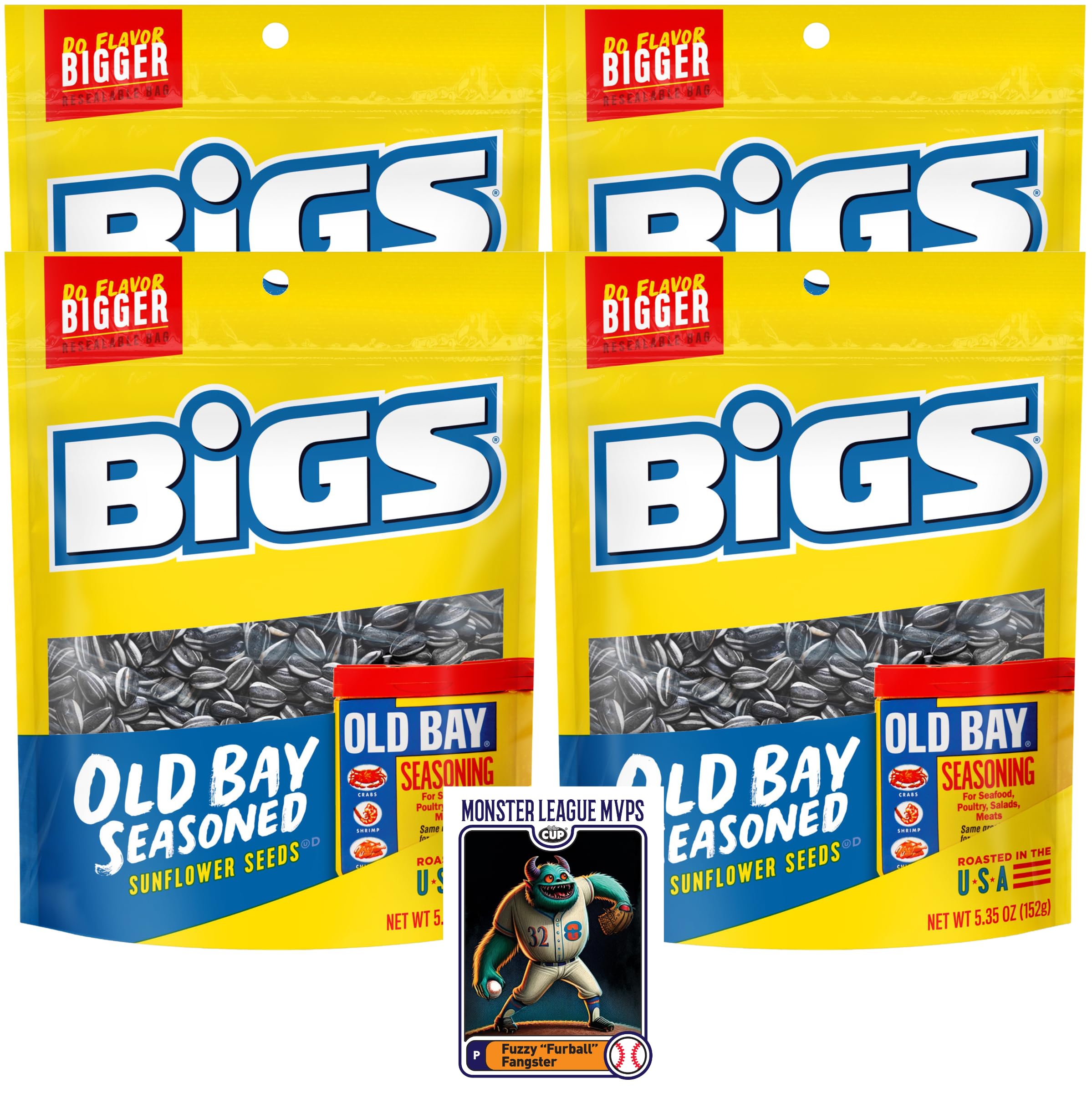 Bigs Old Bay Seasoned Sunflower Seeds - 5.35 oz (Pack of 4) with By The Cup Baseball Card - Perfect for Baseball Games, Snacking & Outdoor Activities