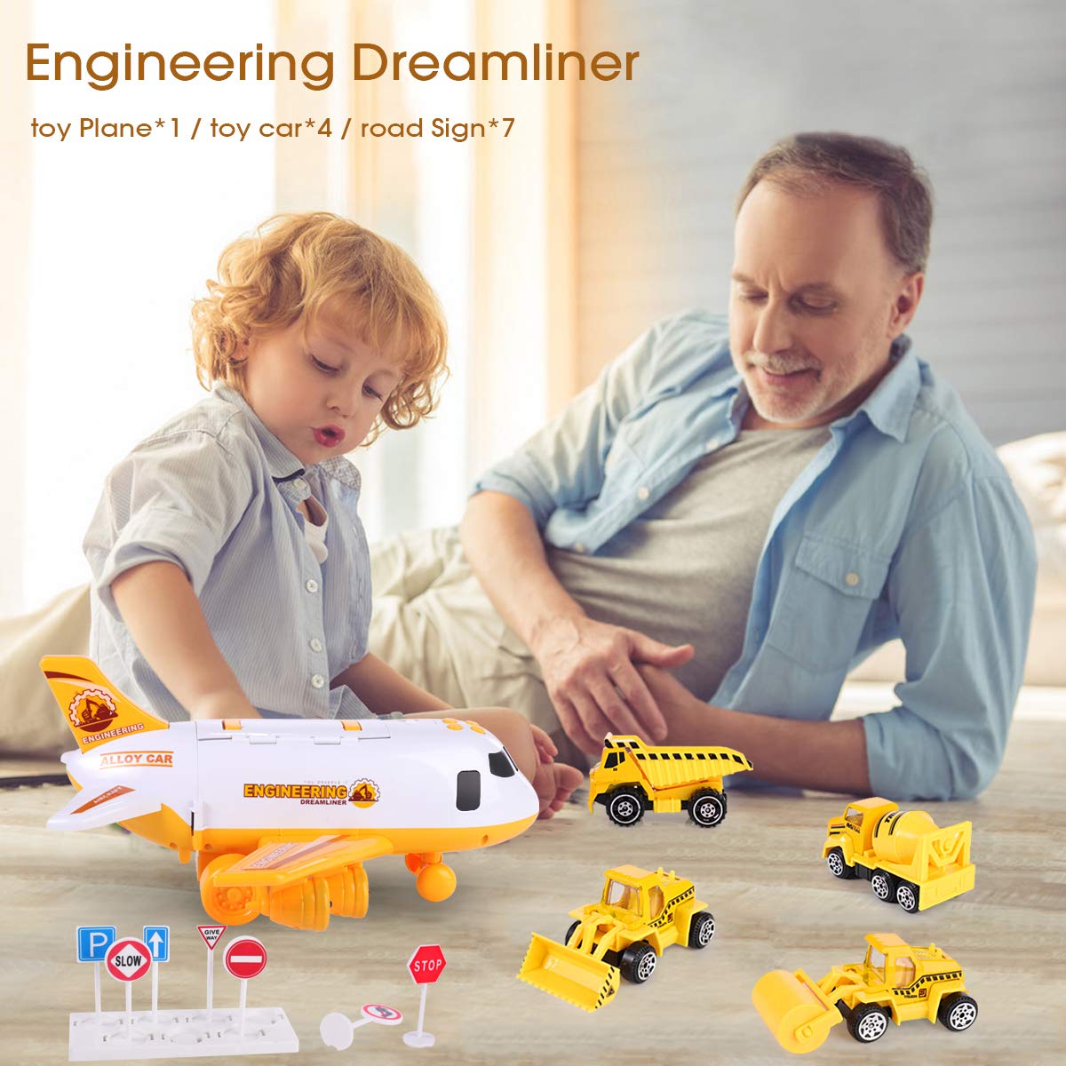 Transformable Airplane & Vehicle Toys Set - Fire Truck, Police Car & Construction Vehicles for Kids | Christmas & Birthday Gift for 3-6 Year Old Boys | Storage Box Included (Yellow & Blue) | Pretend Play, Travel & Learning Toys