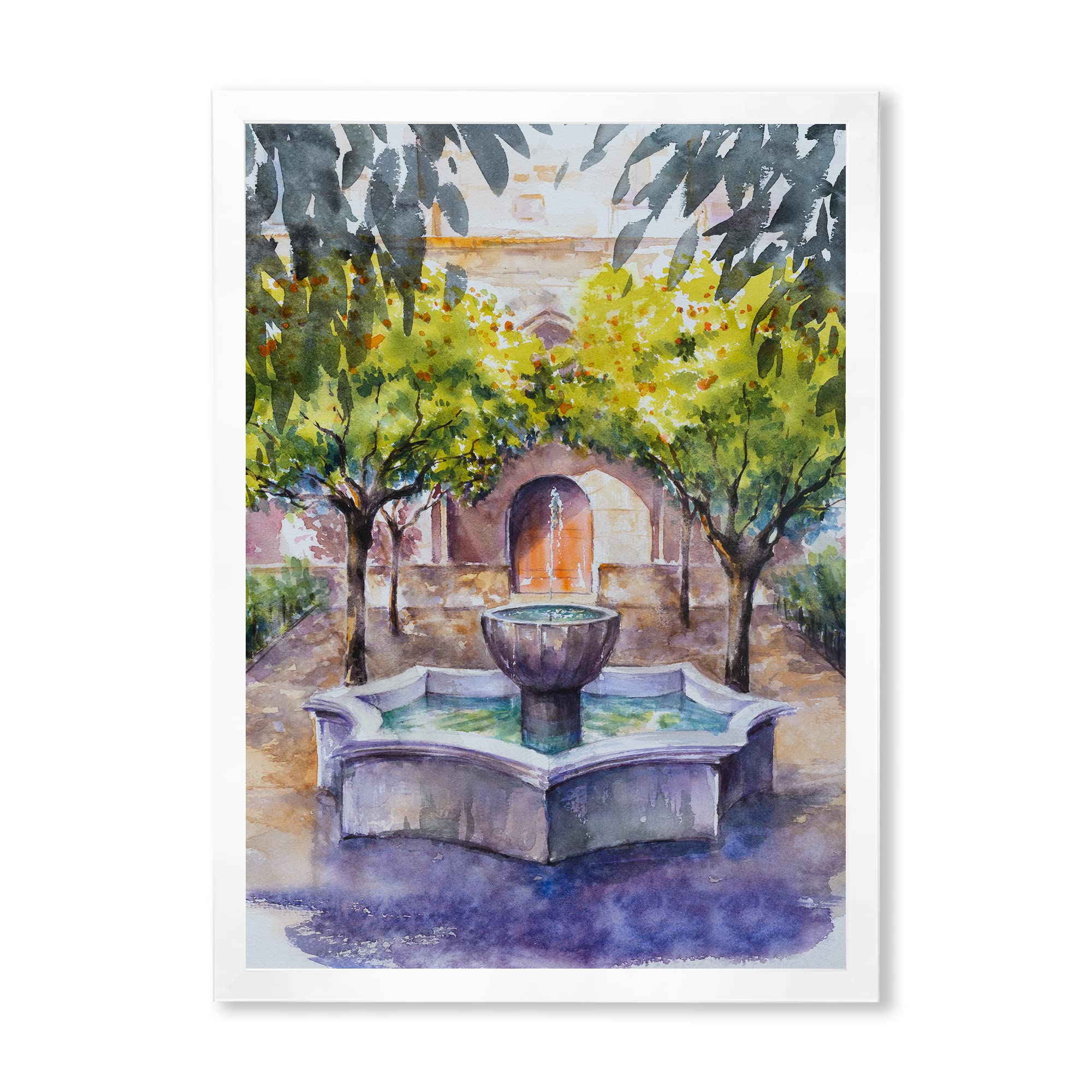 DesignQ Small Framed Wall Art - Village Country Landscape with Trees and Fountain Picture - Perfect for Living Room, Bedroom, or Office Decor