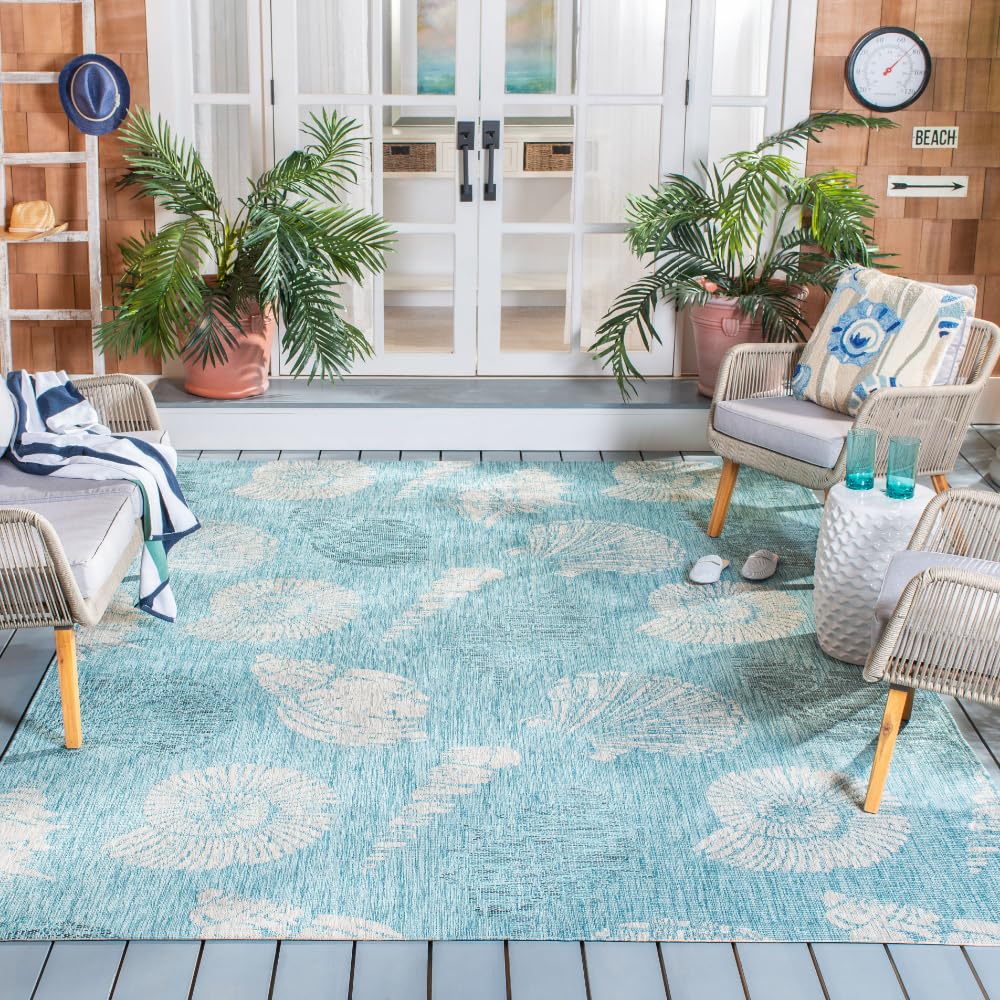 SAFAVIEH Courtyard Collection 8' x 11' Aqua & Cream Indoor Outdoor Rug - Waterproof, Easy Clean Area Carpet for Patio, Backyard, Mudroom, Deck & Poolside (CY8547)