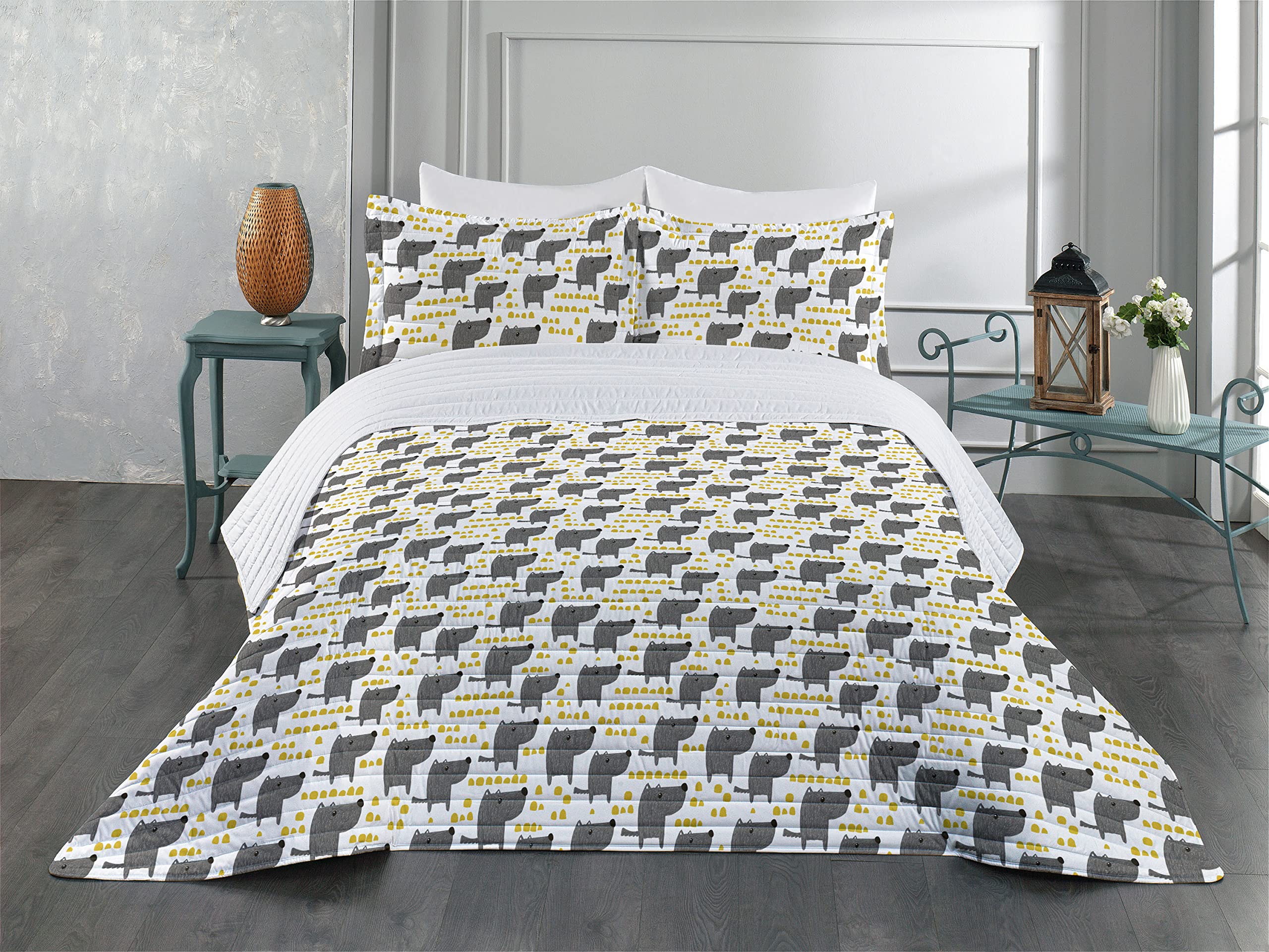 Ambesonne King Size Dog Themed Microfiber Bedspread Set - Abstract Yellow Dots & Grey Cartoon Pet Design with Matching Pillow Shams & Comforter - Soft Bedding for Dog Lovers' Bedroom Decor (Grey Marigold White)
