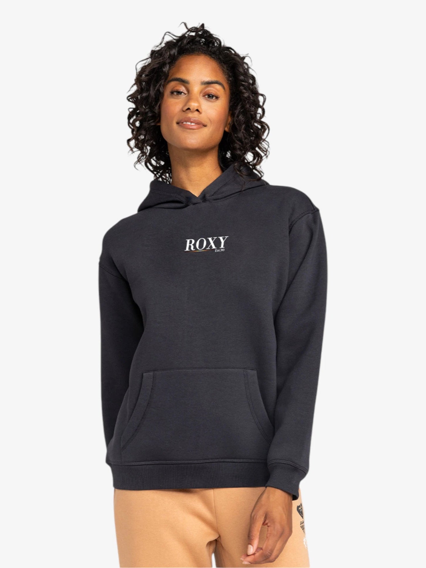 ROXY Sparkle Logo Black Hoodie - Women's Casual Pullover Sweatshirt for Evening Out & Streetwear Fashion