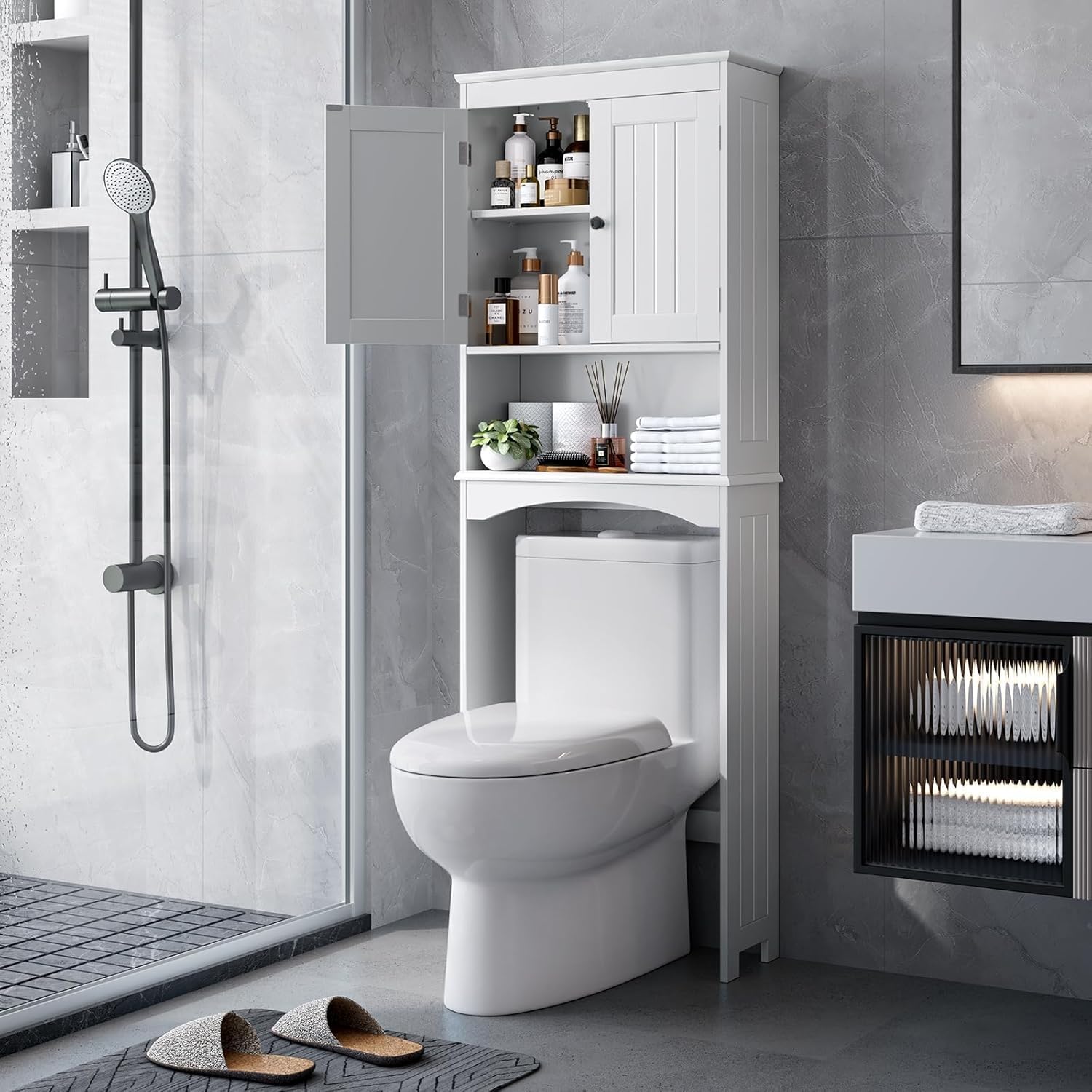 Bealife Over The Toilet Storage Cabinet with Adjustable Open Shelf & Double Doors - White | Bathroom Organizer for Towels, Toiletries & Cleaning Supplies | Space-Saving Freestanding Design for Small Bathrooms