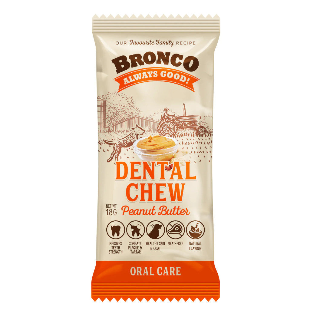 Bronco Dental Chew 18g - Natural Dog Teeth Cleaning Treats for Plaque & Tartar Control, Improves Oral Health & Bone Strength, Meat-Free Healthy Snacks for Small & Medium Dogs - Perfect for Daily Dental Care & Training Rewards