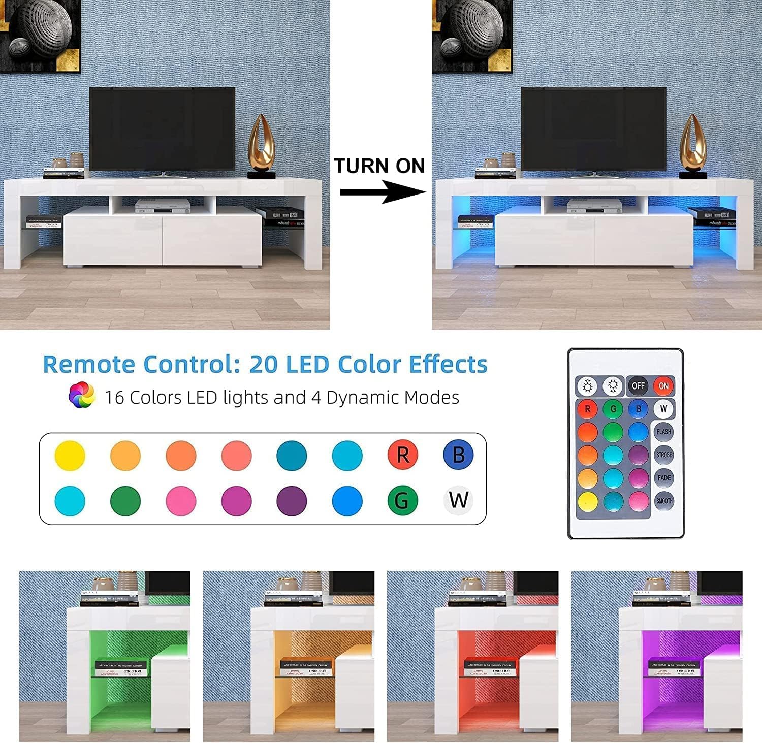 65 Inch TV Stand with LED Lights - Modern High Gloss Entertainment Center & Media Console Table with Storage Cabinet - Perfect for Living Room, Home Theater & Gaming Setup