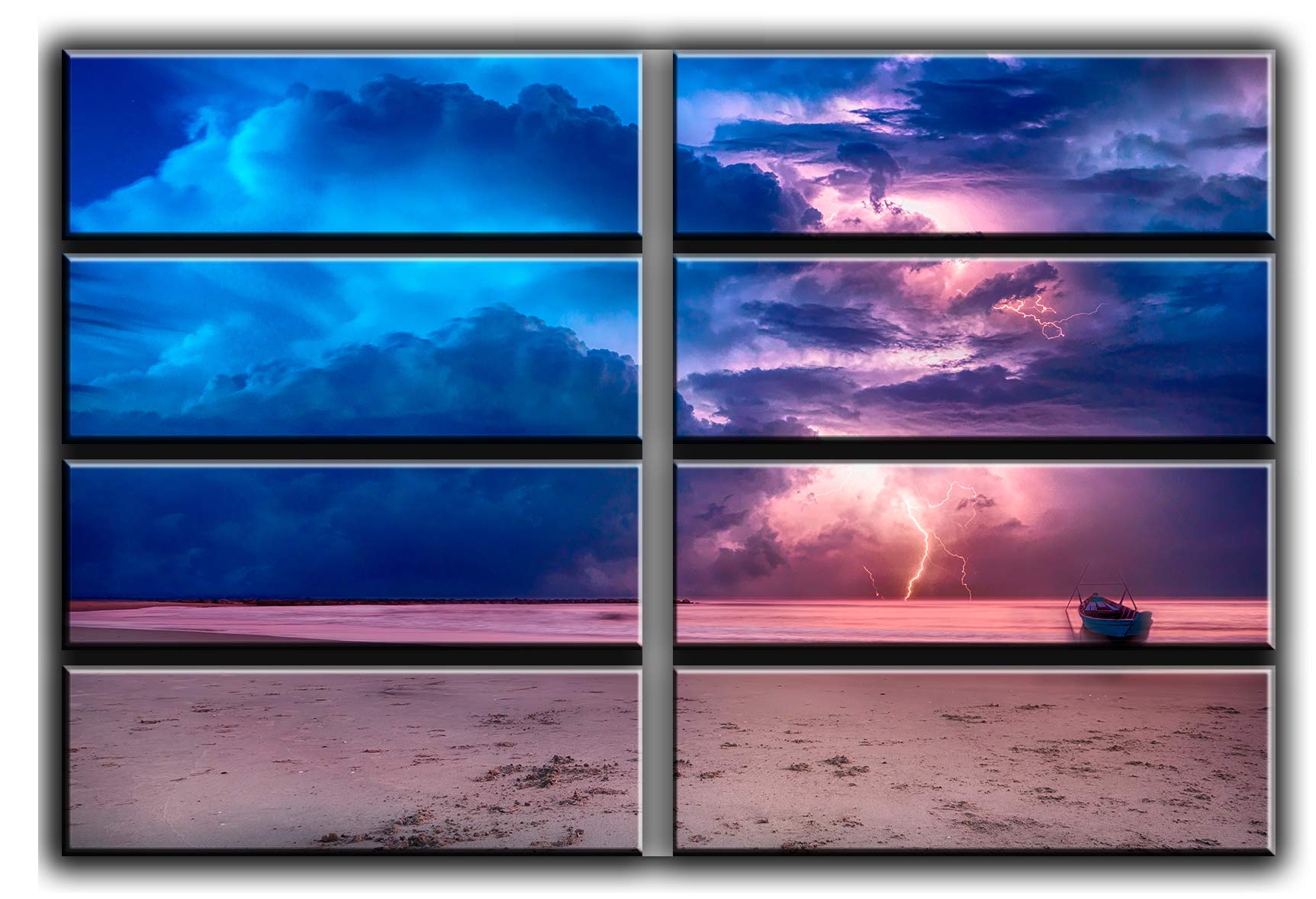 8-Piece Beach Sky Lightning Wall Art Canvas Print Set - Coastal Theme Boat Painting for Living Room, Bedroom & Office Decor