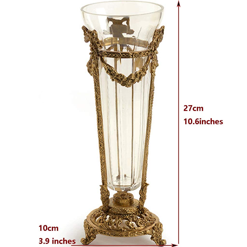 Luxury Crystal Glass Vase for Home & Office Decor - Handcrafted Carved Copper Base, Artificial Flower Arrangement Centerpiece - Clear 27x10cm - Perfect for Weddings, Living Room, Villa & Artwork Display