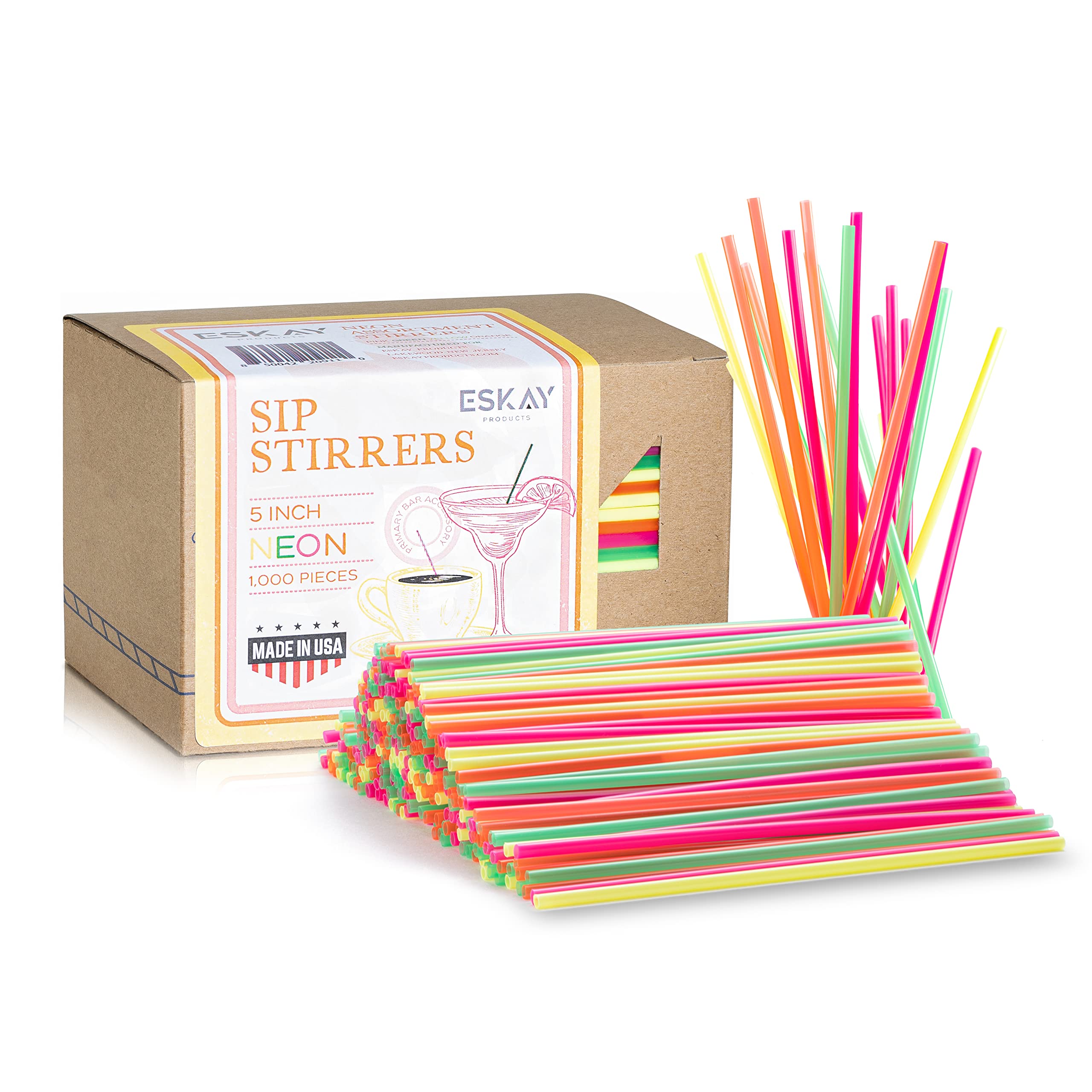 1000 Plastic Coffee Stirrers - 5-Inch Cocktail Straws & Stir Sticks for Coffee Bars, Restaurants & Home Use | Made in USA | Neon Colors | Perfect for Iced Coffee, Tea, Cocktails & Smoothies