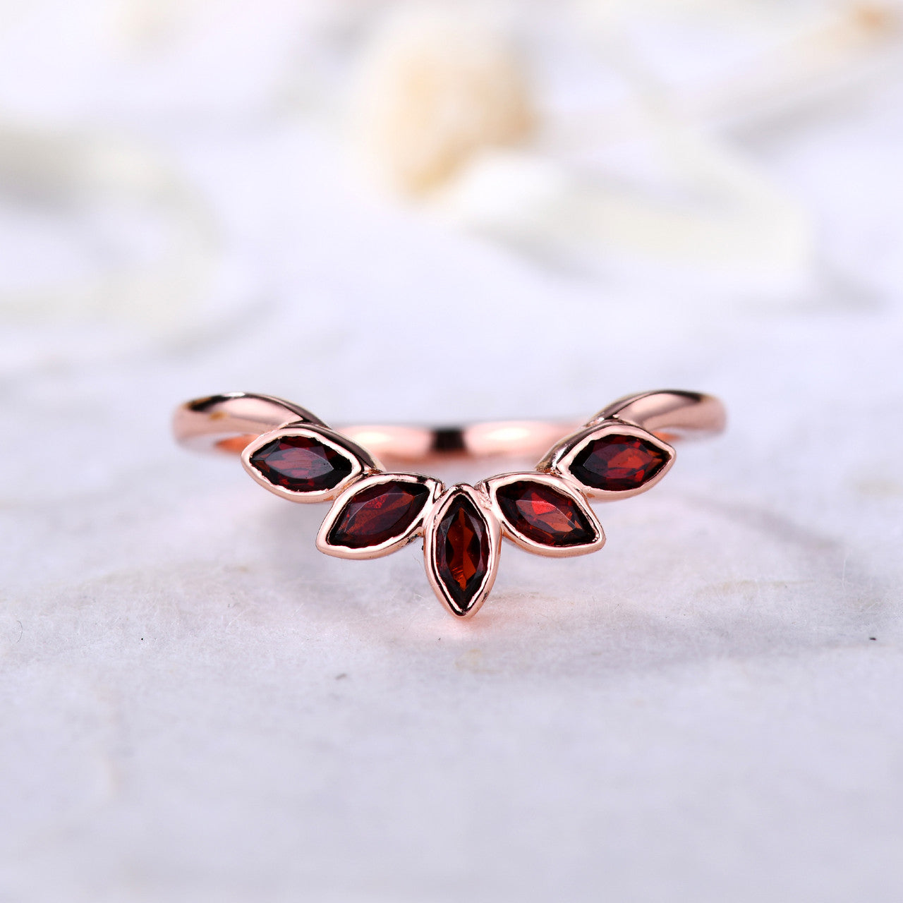Rose Gold Marquise Shaped Garnet Wedding Band - Curved Matching Engagement Ring for Women, Perfect for Bridal Sets, Anniversary Gifts & Romantic Occasions