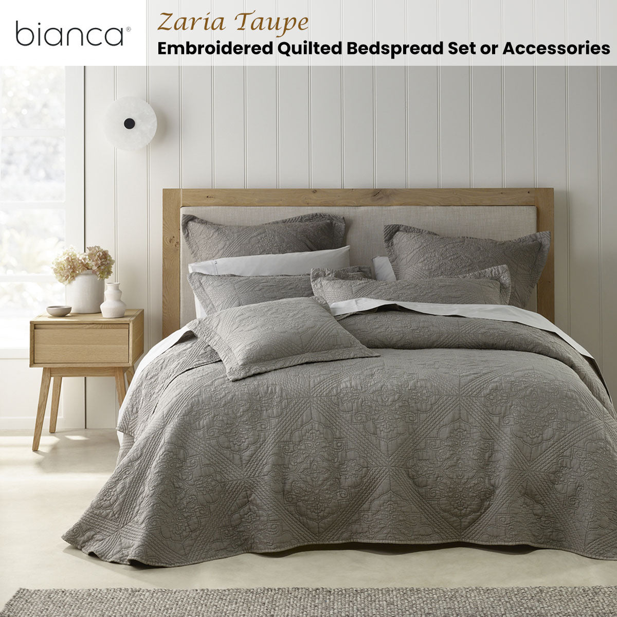 Bianca Zaria Taupe Embroidered King Size Bedspread Set - Luxury Embroidered Bedding for Master Bedroom, Guest Room & Hotel Decor