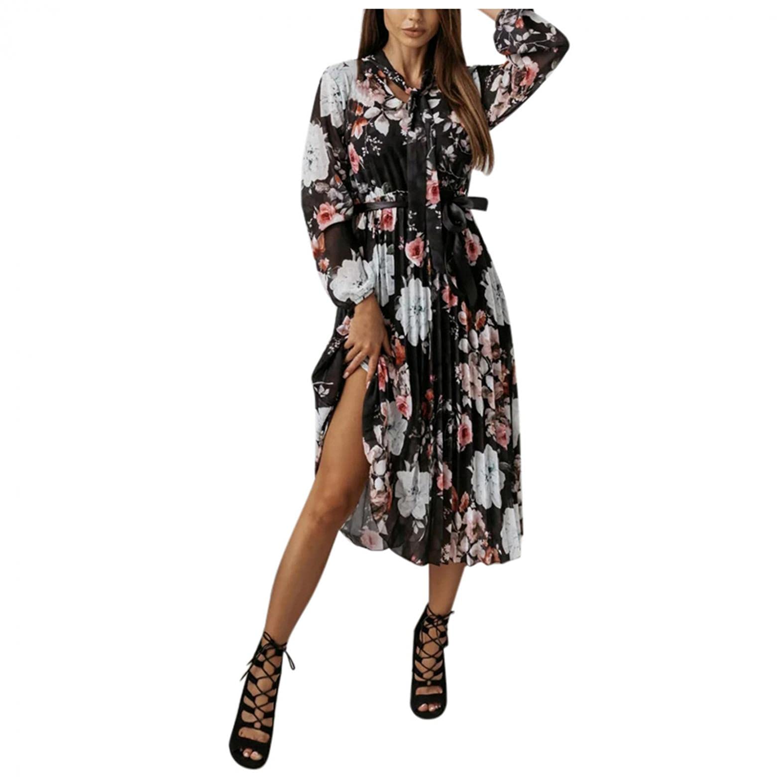 Elegant Floral Print Women's Midi Dress with Belt - Round Neck Long Sleeve Party & Wedding Guest Dress for Special Occasions