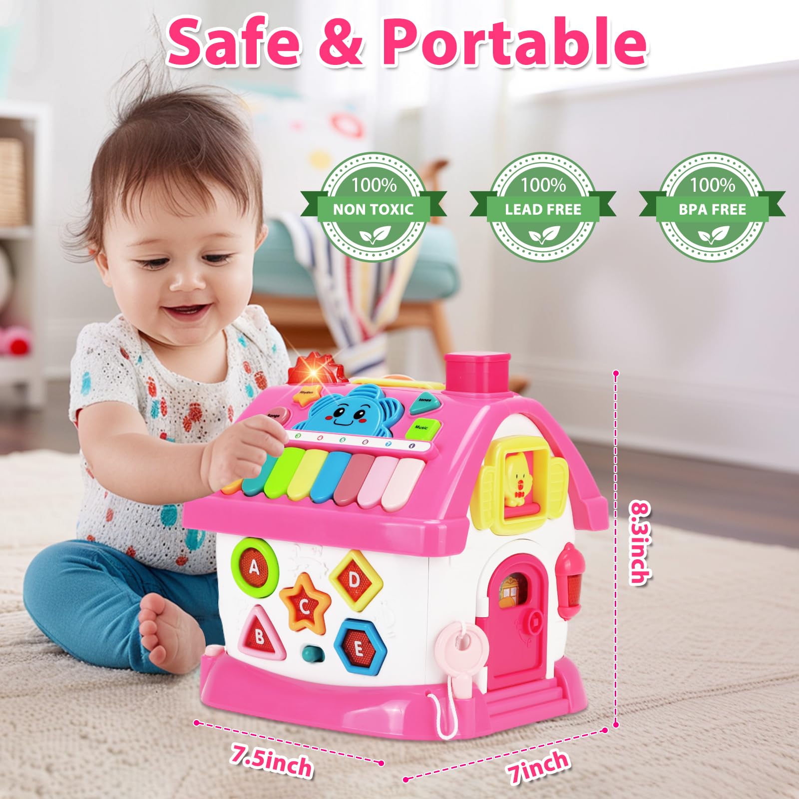 Aitbay 8-in-1 Multi-Functional Montessori House Toy for 1-3 Year Old Girls - Educational Musical Baby Toy Gift for 6-18 Months - Perfect for 1st Birthday & Christmas Presents - Interactive Learning & Playtime Fun for Toddlers