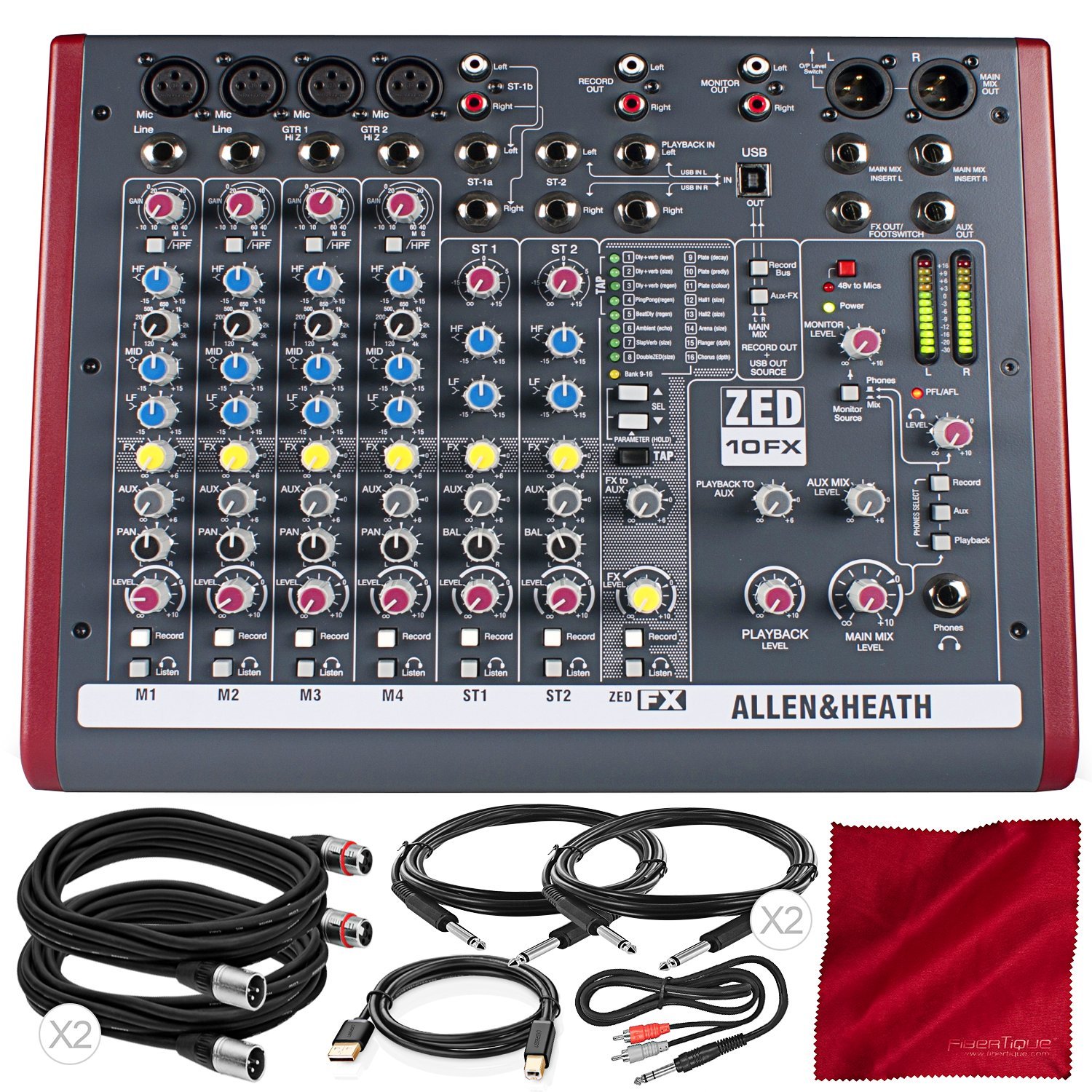 Allen & Heath ZED-10FX Professional 10-Channel Digital Mixer with USB Audio Interface - Complete Bundle Includes Fibertique Cloth & 6 Premium Cables | Perfect for Home Studios, Podcasting & Live Performances