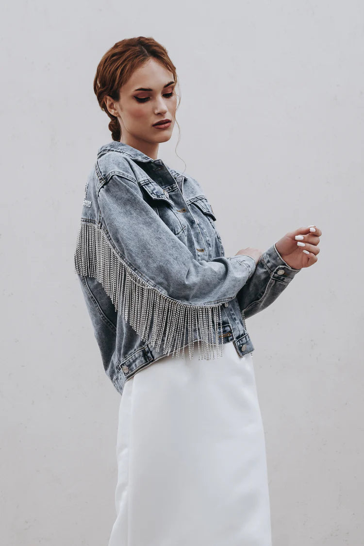 Sparkly Rhinestone Fringe Denim Jacket for Women - Stylish Party & Night Out Outfit - Perfect for Concerts, Clubs, and Special Events