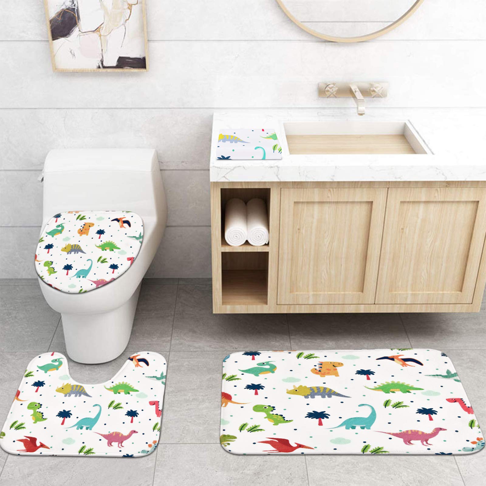 **IKFASHONI 7-Piece Cartoon Dinosaur Shower Curtain Set - Includes Non-Slip Bath Rug, Toilet Lid Cover, Bath Mat & Towels - Cute Kids Bathroom Decor with 12 Hooks - Perfect for Children's Bathroom, Nursery, or Playroom**