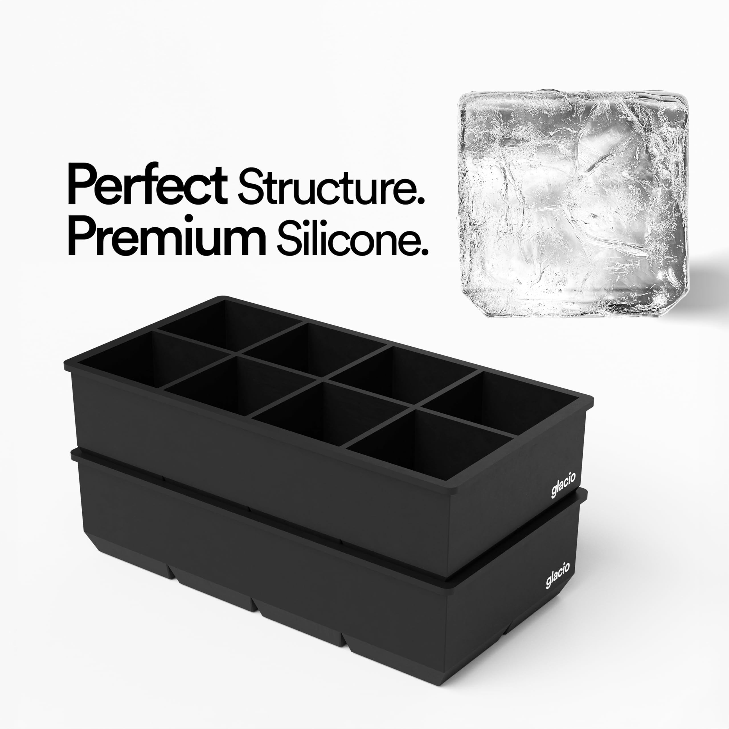 Premium Silicone Ice Cube Trays - 2 Pack Large Square Whiskey Ice Cube Molds for Freezer - Makes 8 Giant Slow-Melting Cubes - Perfect for Cocktails, Whiskey, Bourbon & Home Bars - BPA-Free Flexible Ice Cube Maker by Glacio