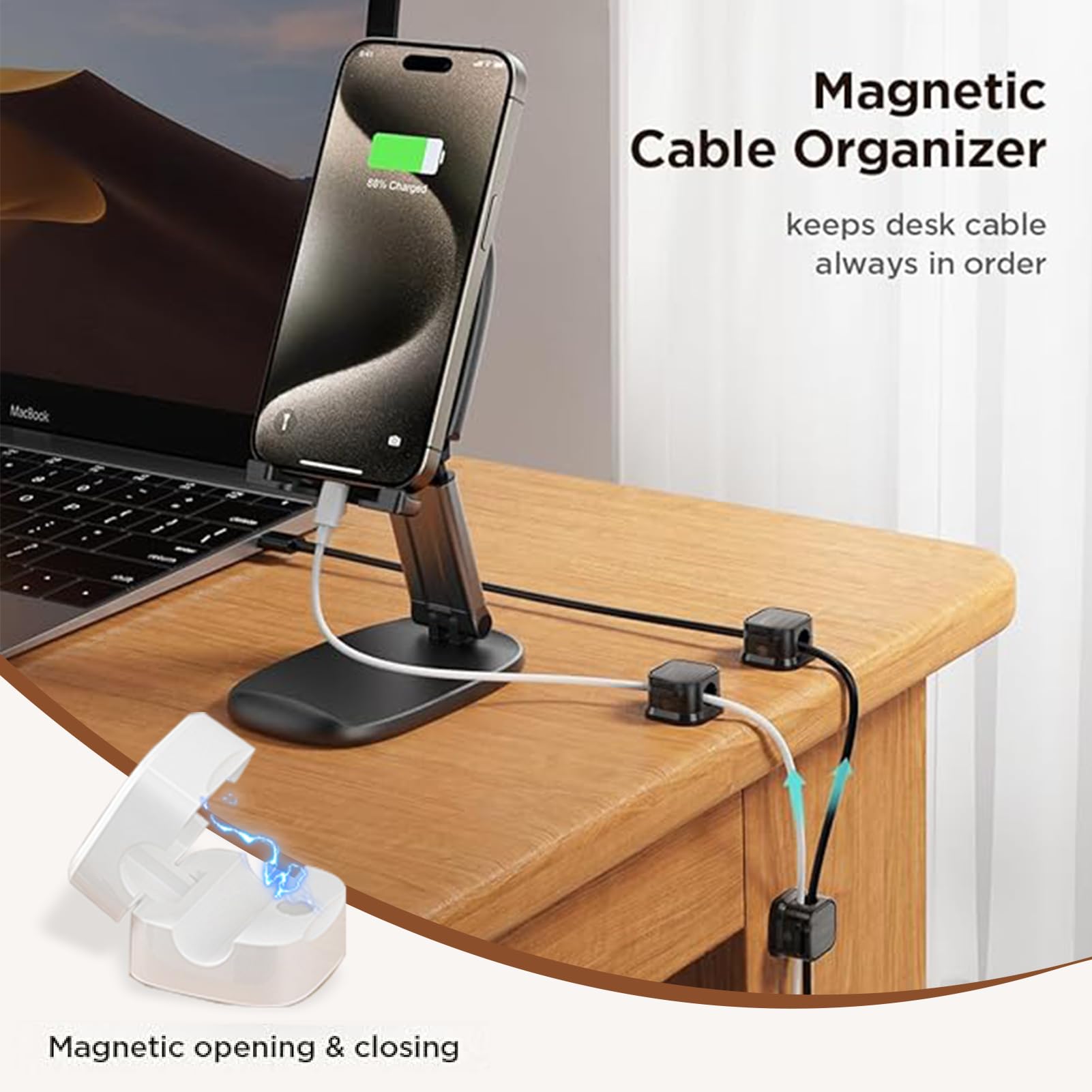TAIKULE 6 Pack White Magnetic Cable Clips - Strong Hold Cable Organizer for USB, Power Cords - Perfect for Home Office Desk, Car, Wall & Nightstand (Cable Management Solution)
