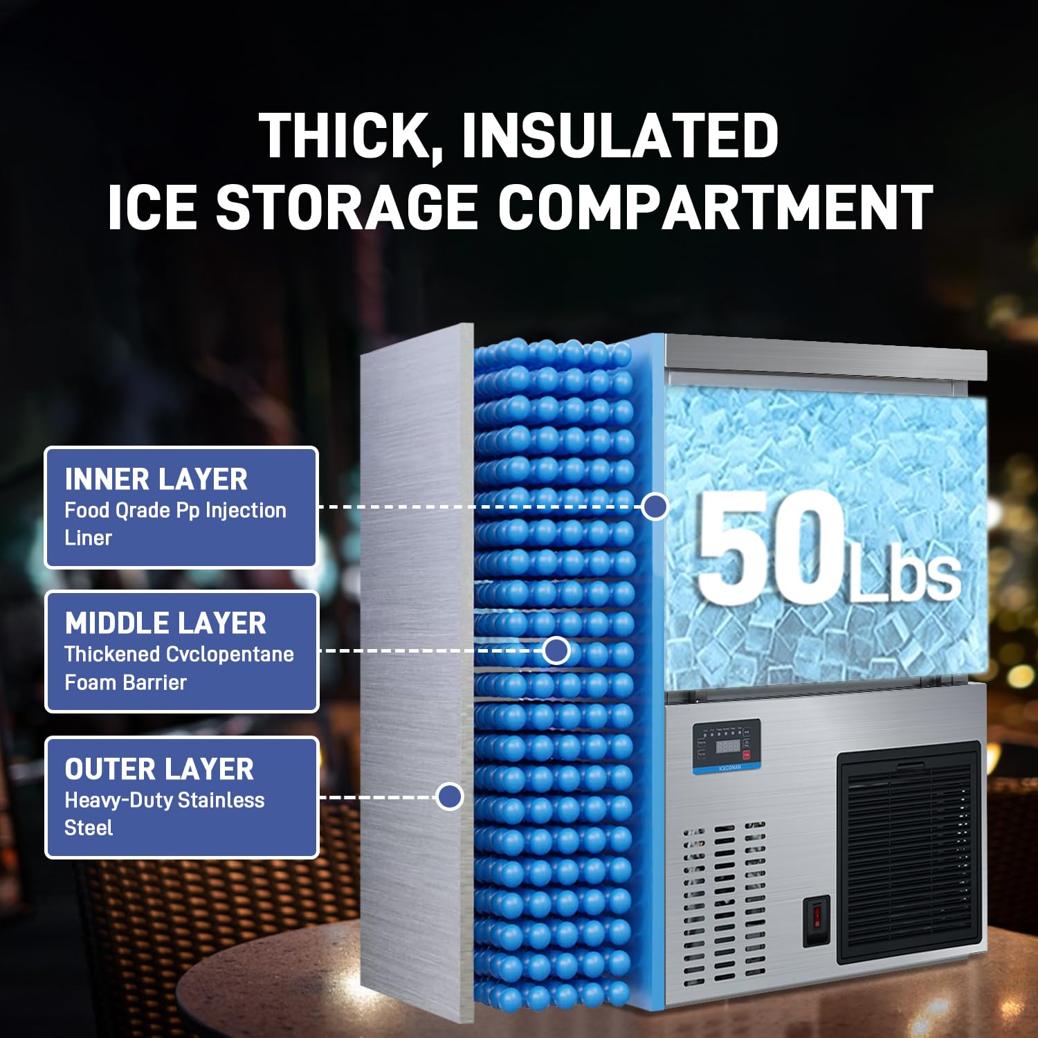 Commercial Ice Maker Machine - Produces 2 Inch Large Ice Cubes with -17℃/1.4℉ Core Temperature, Vacuum Insulated Design, Perfect for Cocktail Bars, Restaurants & Home Use