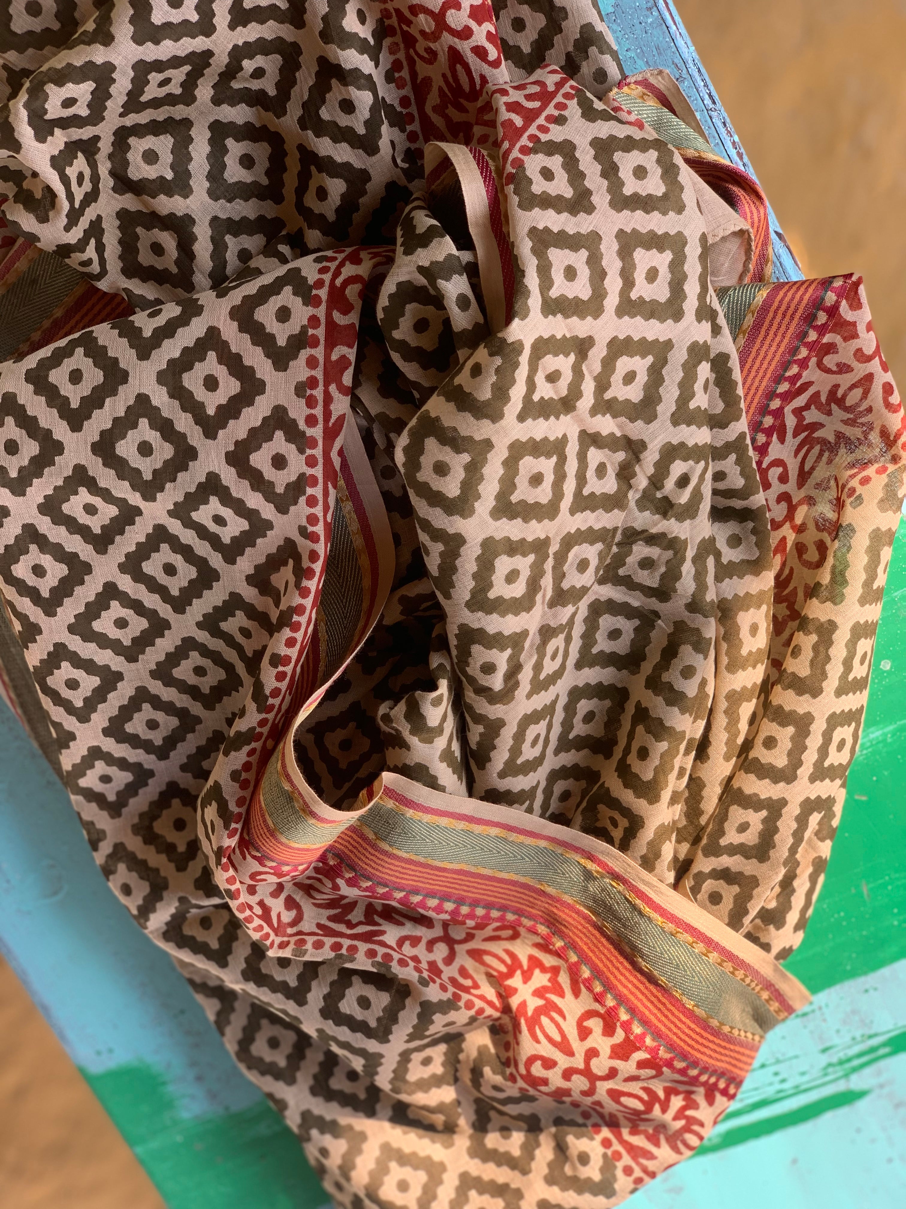 Large Sarong or Pareo - Block Print Design with Golden Sari Border - New Collection - Perfect for Beach, Pool, and Summer Fashion