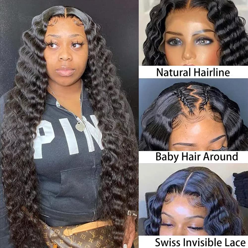 13x6x1 T Part Transparent HD Lace Front Wig - 20 Inch Deep Wave Brazilian Virgin Human Hair Wig - 10A Natural Black Pre-Plucked with Baby Hair for Black Women | Perfect for Daily Wear, Parties, Cosplay & Protective Styling