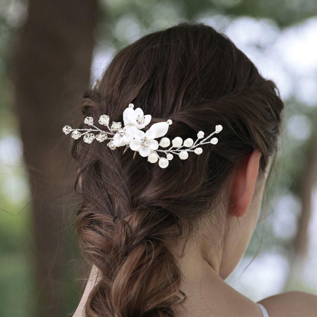 JONKY Silver Wedding Hair Pins - Rhinestone Floral Hairpiece with Pearls for Brides, Women & Girls | Elegant Bridal Hair Accessories for Weddings, Prom & Special Occasions (Pack of 1)
