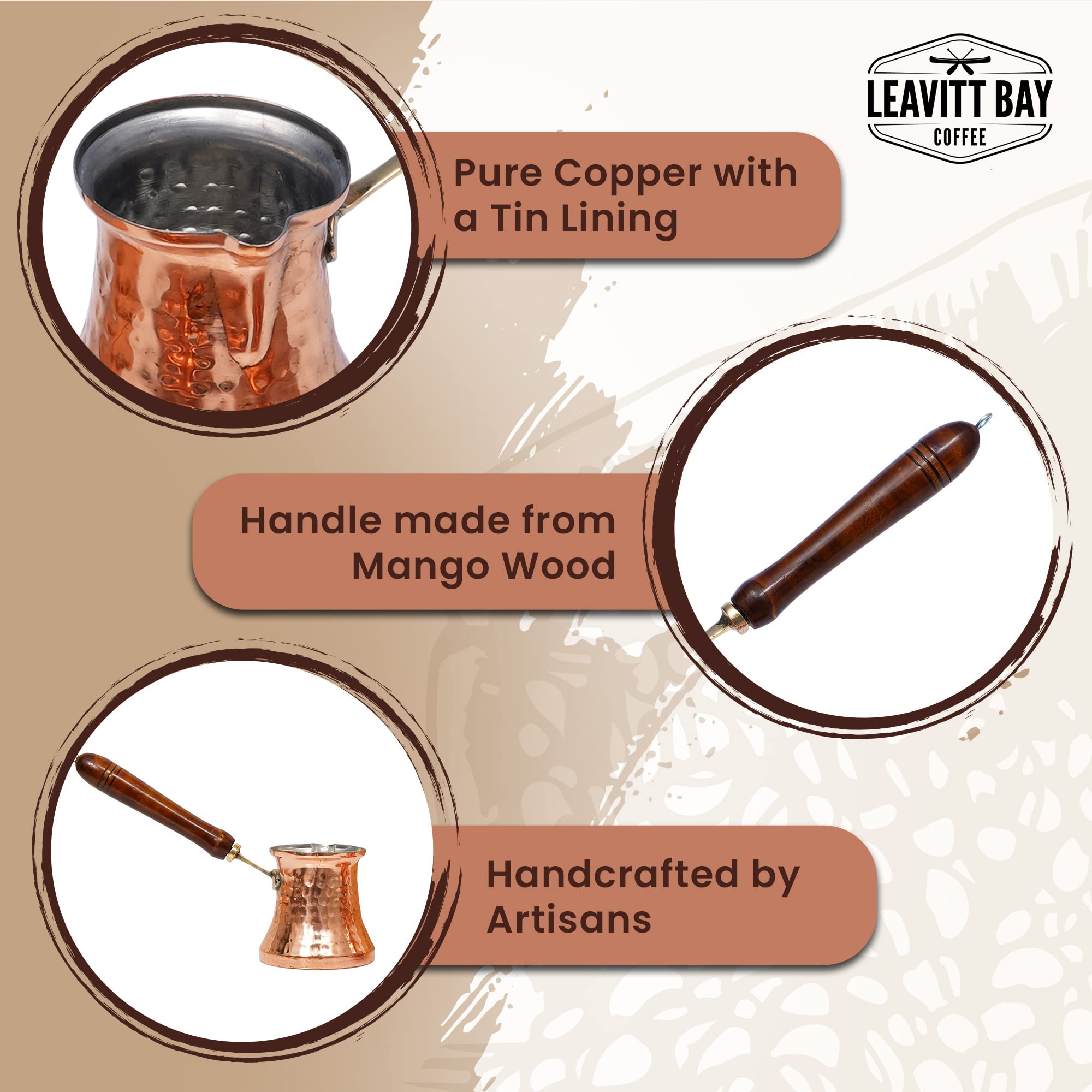 Authentic Hammered Copper Cezve Turkish Coffee Pot with Wooden Handle - Traditional Turkish & Greek Coffee Maker - Perfect Gift for Coffee Lovers - Ideal for Home Brewing, Camping & Turkish Coffee Ceremonies