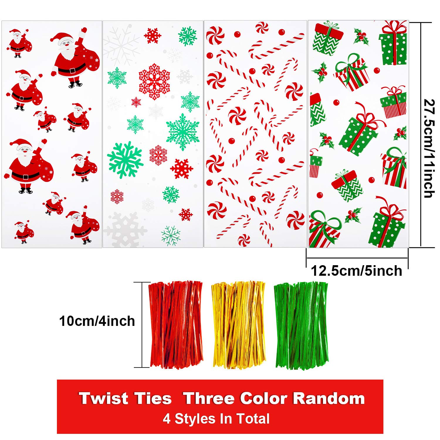100 Pcs Christmas Cellophane Gift Bags with Ribbon - Holiday Treat Bags for Cookies, Candy & Party Favors - Xmas Winter Party Supplies for Christmas Gifts, Cookie Exchange & Holiday Celebrations