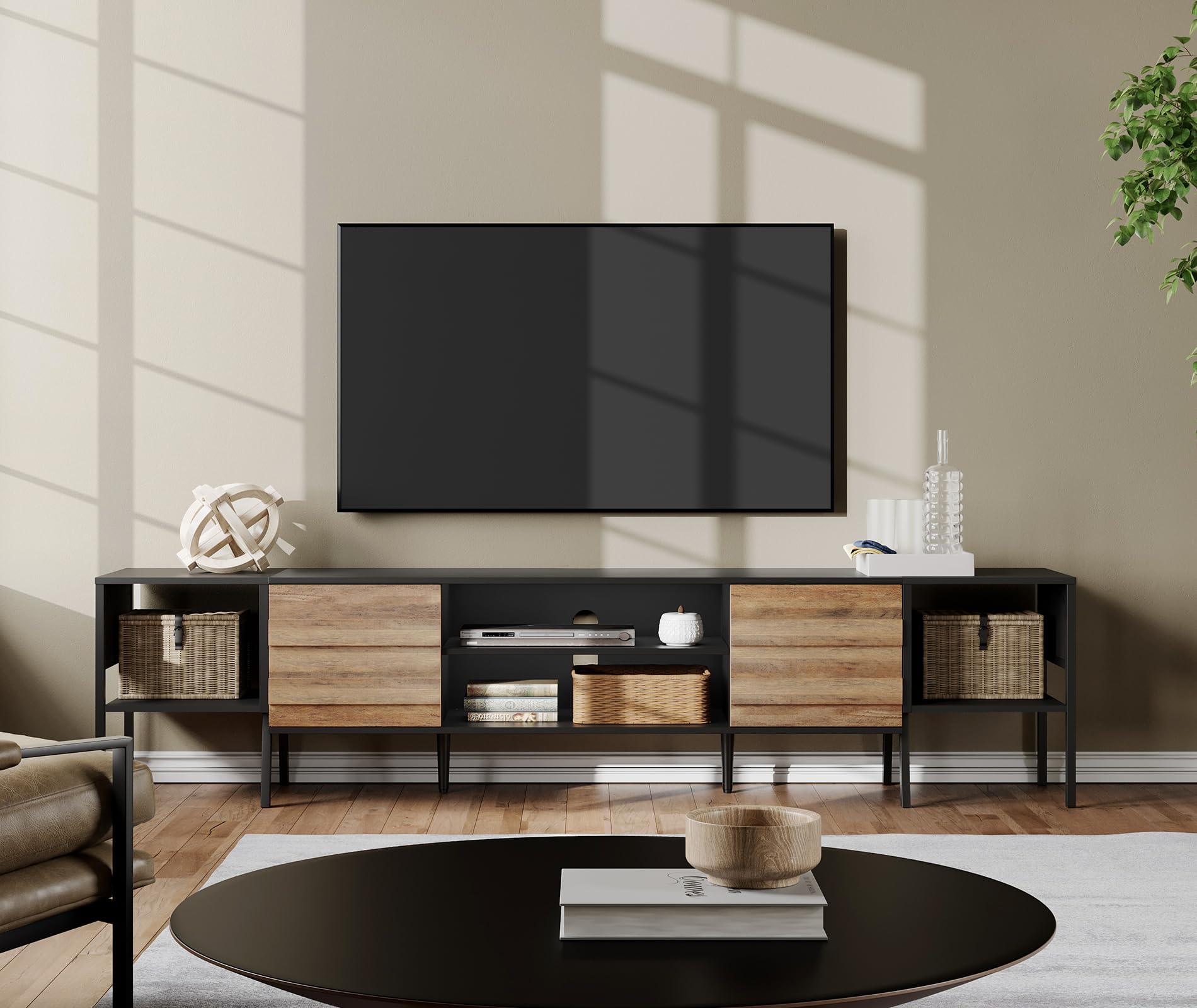 WAMPAT Mid-Century Modern TV Stand for 85-95 Inch TVs, Wood Entertainment Center with Storage - Media Cabinet for Living Room & Bedroom (Black & Oak) - Perfect for Home Theater & Family Movie Nights
