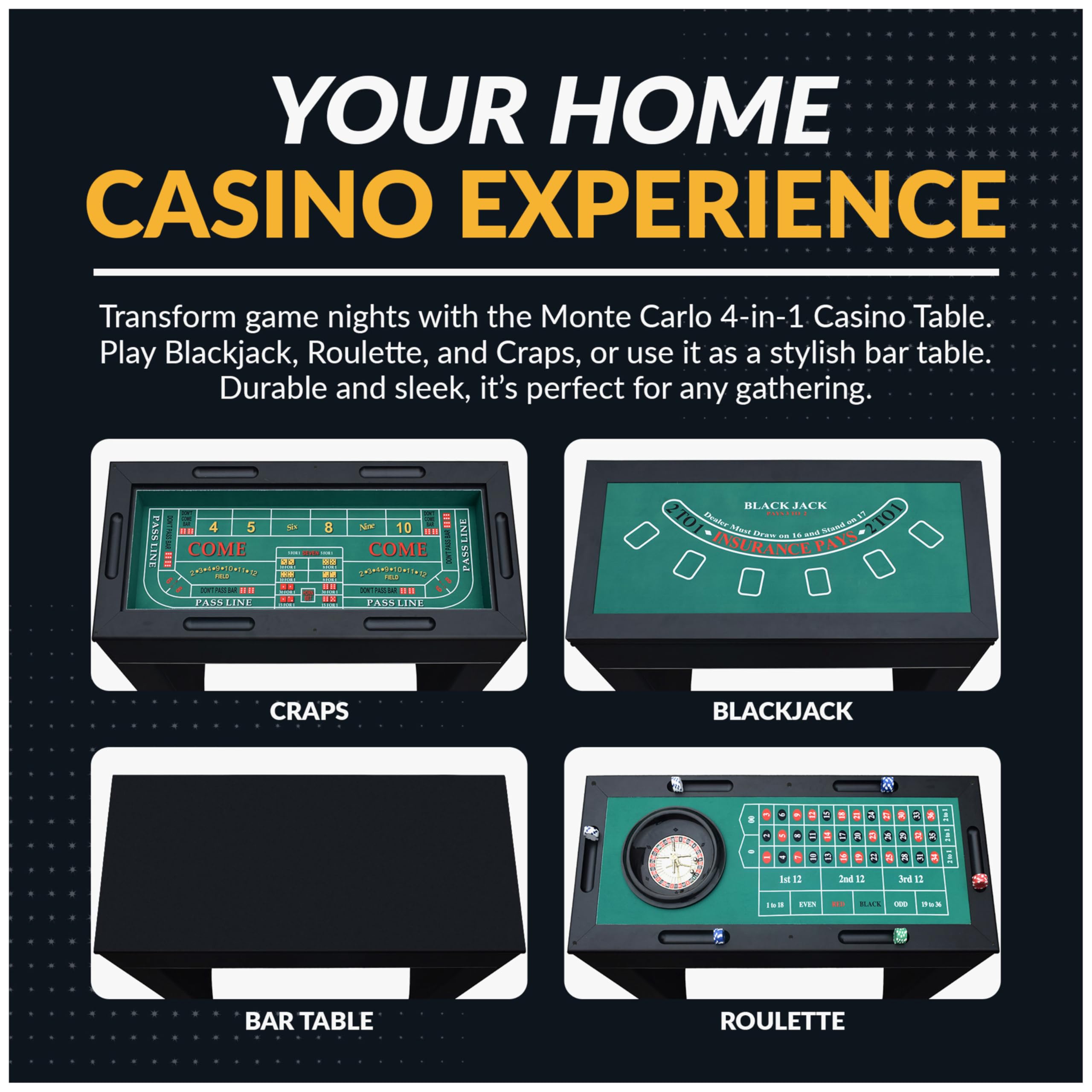 Hathaway Classic Monte Carlo 4-in-1 Casino Game Table Set - Craps, Roulette, Blackjack & Poker Table Top with Complete Accessories | Perfect for Game Nights, Parties & Home Entertainment