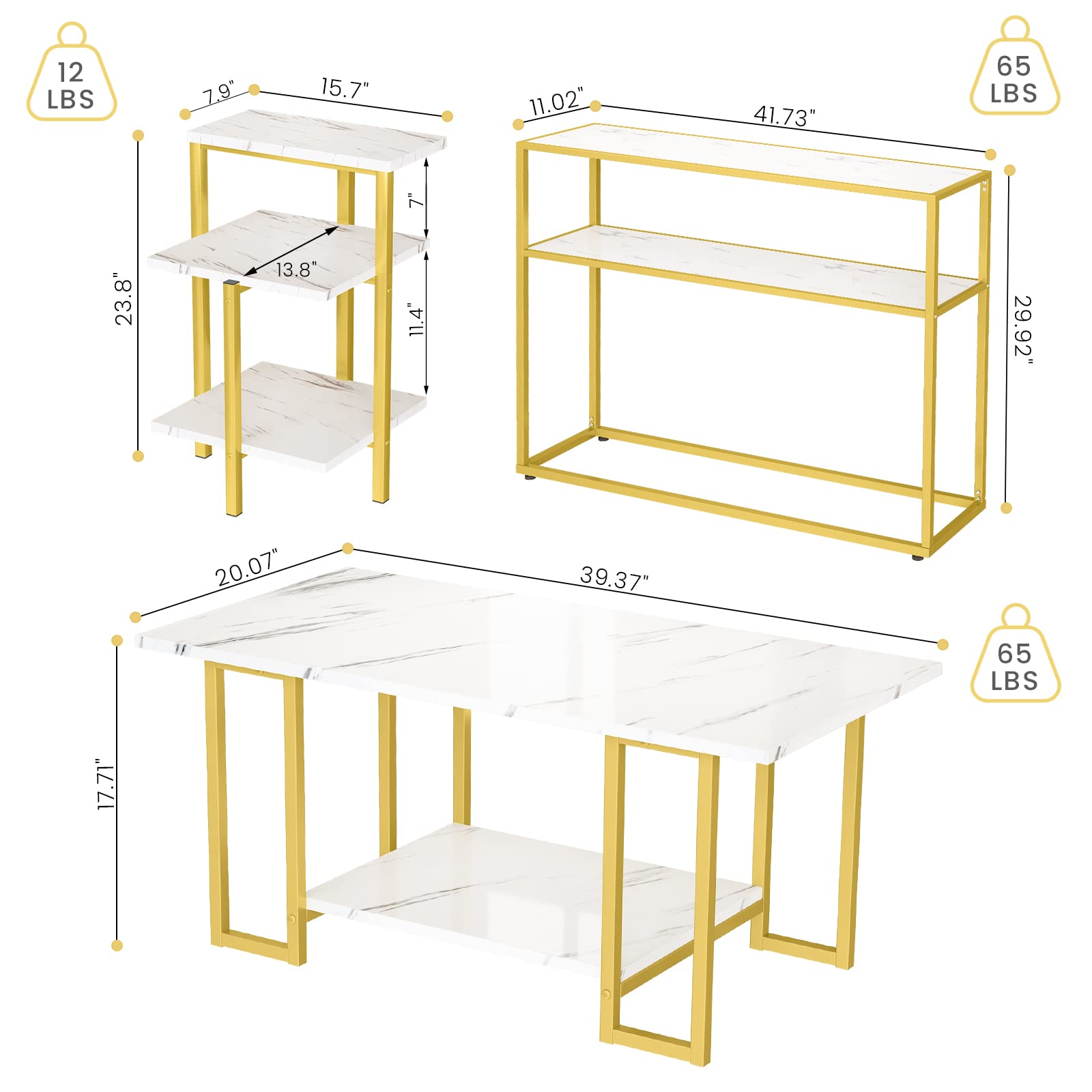 Mid-Century Modern Coffee Table Set of 3 - Faux Marble Top & Metal Frame Living Room Tables with Storage Shelves - Square End Tables for Bedroom, Office - Easy Assembly - Perfect for Small Spaces & Entertaining