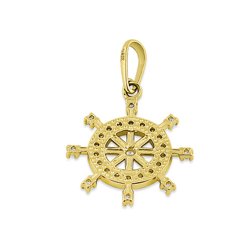14K Solid Yellow Gold Ship's Wheel CZ Pendant Necklace - Nautical Jewelry for Women, Perfect Gift for Sailors & Beach Lovers