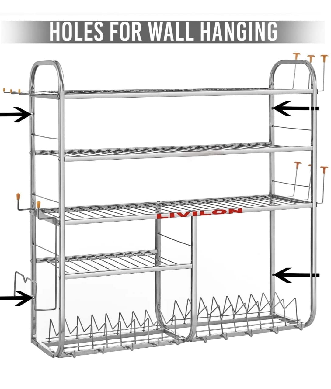 Stainless Steel Wall Mount Kitchen Utensil Rack & Dish Drying Stand - 31x30x10 Inches Organizer for Plates, Cutlery & Cooking Tools | Space Saving Storage Solution for Small Kitchens & Apartments | LVSTLSTLST EE-9