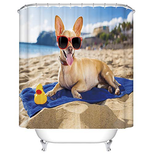 DUISE Chihuahua Dog at Beach Shower Curtain Set - 60x72 Inch Fabric Bathroom Decor with Hooks, Red Sunglasses Ocean Shore Design | Perfect for Coastal, Pet Lover or Nautical Theme Bathrooms