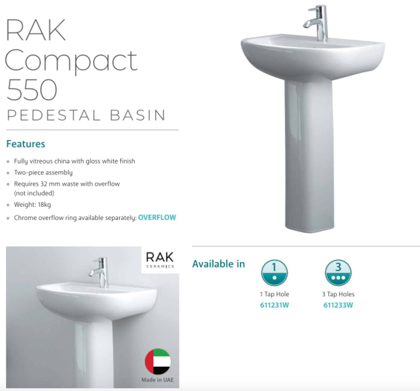 Fienza 611231W Compact 550mm White Wall Mounted Bathroom Sink with Pedestal & Single Tap Hole - Perfect for Small Bathrooms, Powder Rooms, and Guest Baths