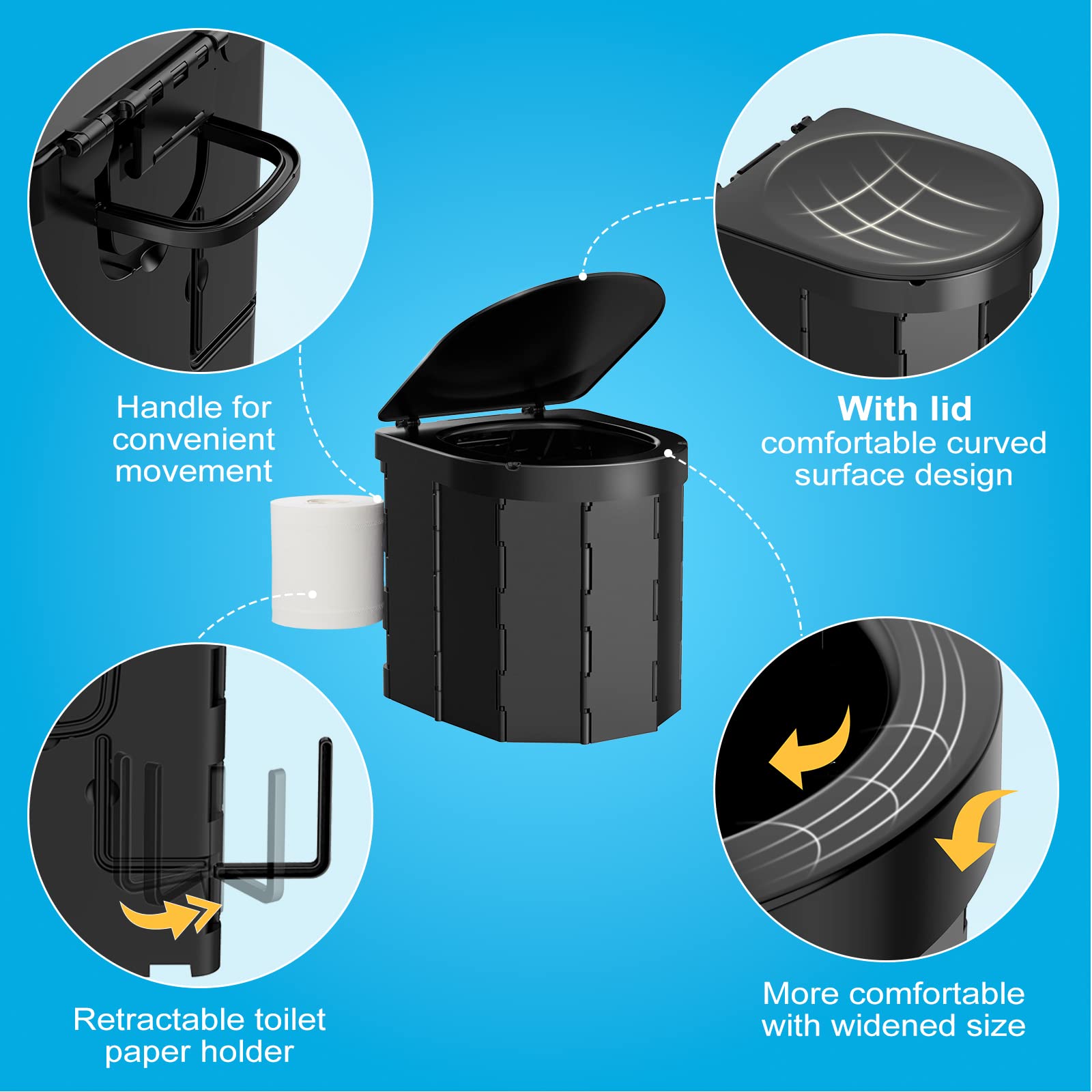 Portable Camping Toilet for Adults - Collapsible Travel Toilet with Lid & Toilet Paper Holder - Reusable & Compact Design for Camping, Hiking, RV Trips - Perfect for Outdoor Adventures, Emergency Preparedness & Road Trips