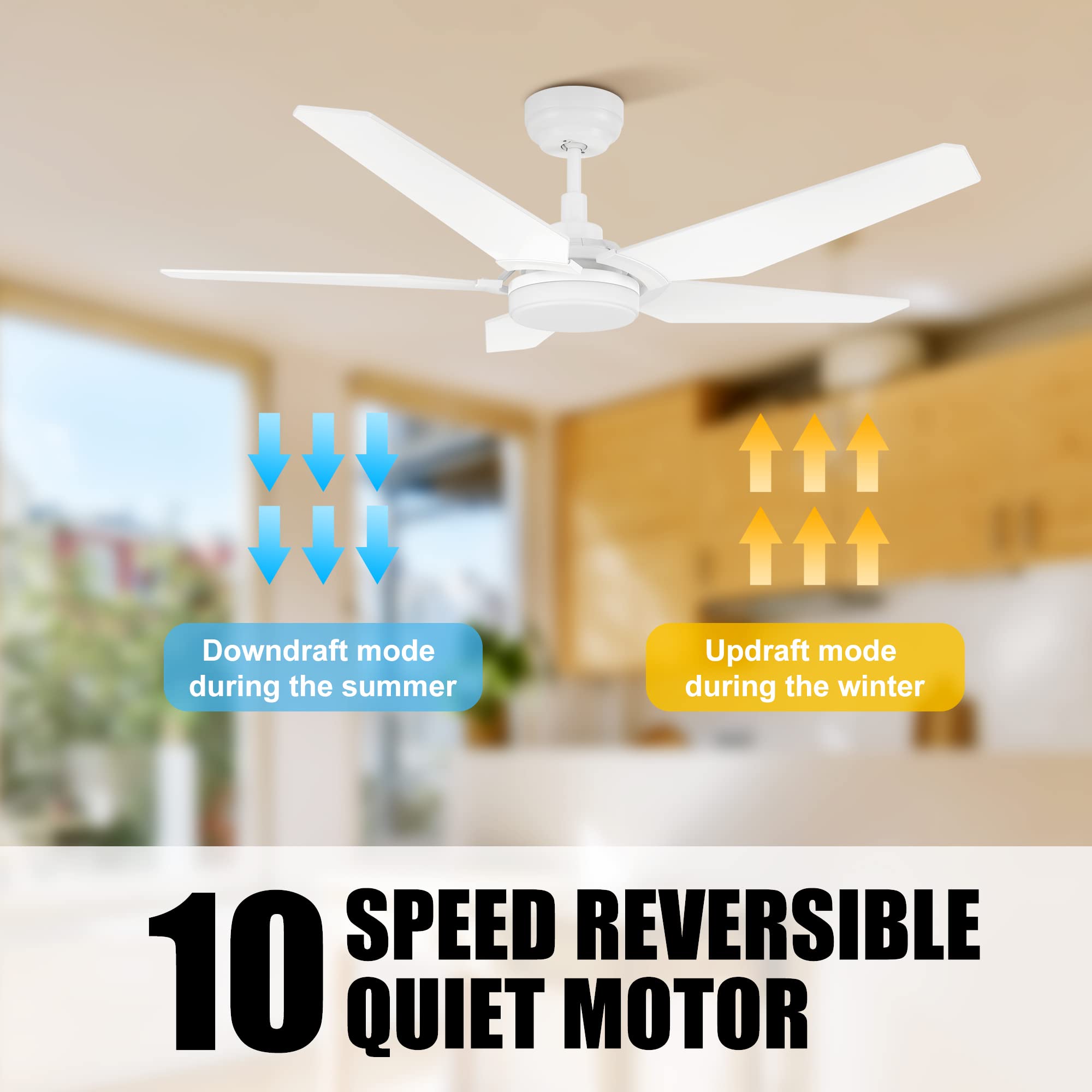 SMAAIR 52 inch Smart Ceiling Fan with Light - 5 Blade Low Profile Flush Mount Fan, 10 Speed Quiet DC Motor & Dimmable LED Light, APP/Alexa/Google Assistant/Siri Voice Control (White) - Perfect for Bedroom, Living Room, Kitchen and Office Spaces